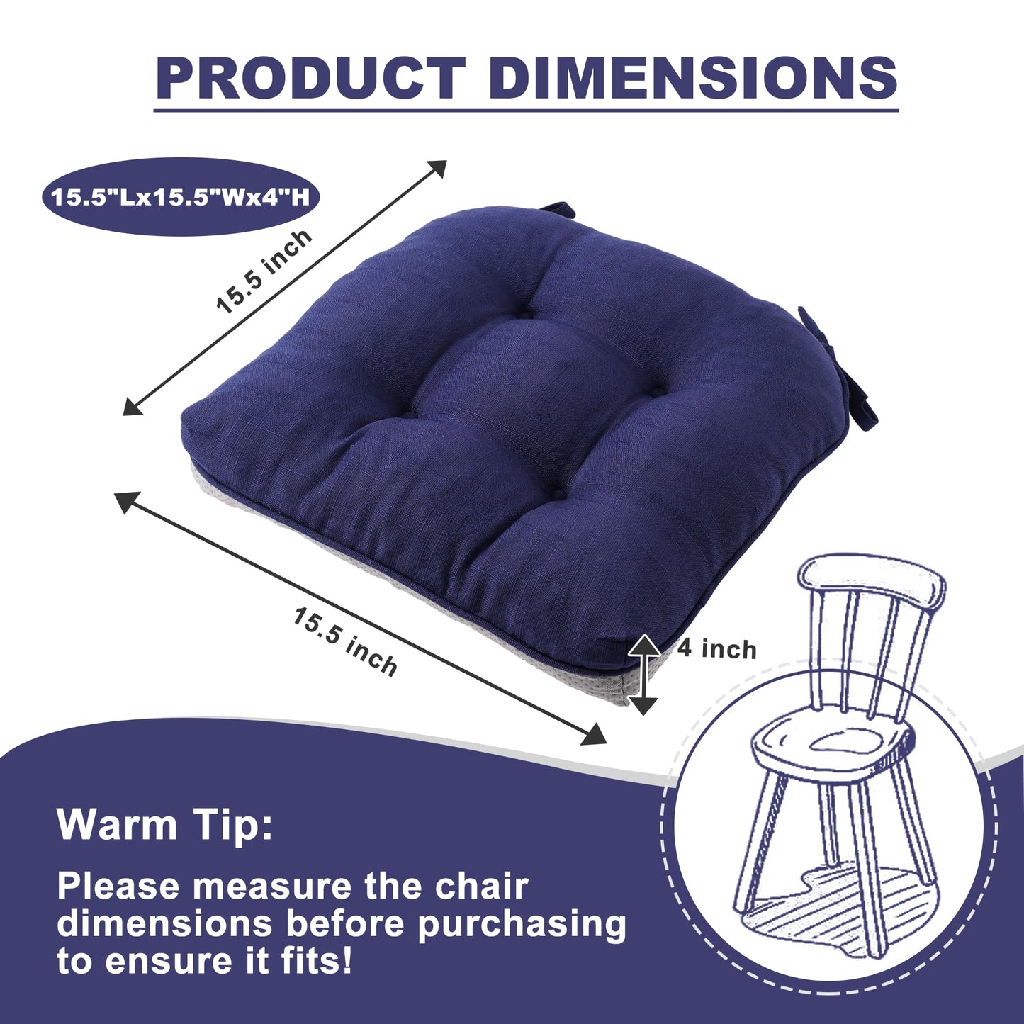 Battilo Chair Cushions Set of 4 for Dining Chairs, Seat Cushions for Kitchen Chairs with Non-Slip Backing, Indoor/Outdoor Waterproof Chair Seat Pads with Ties, 15.5"x15.5"x4", Navy