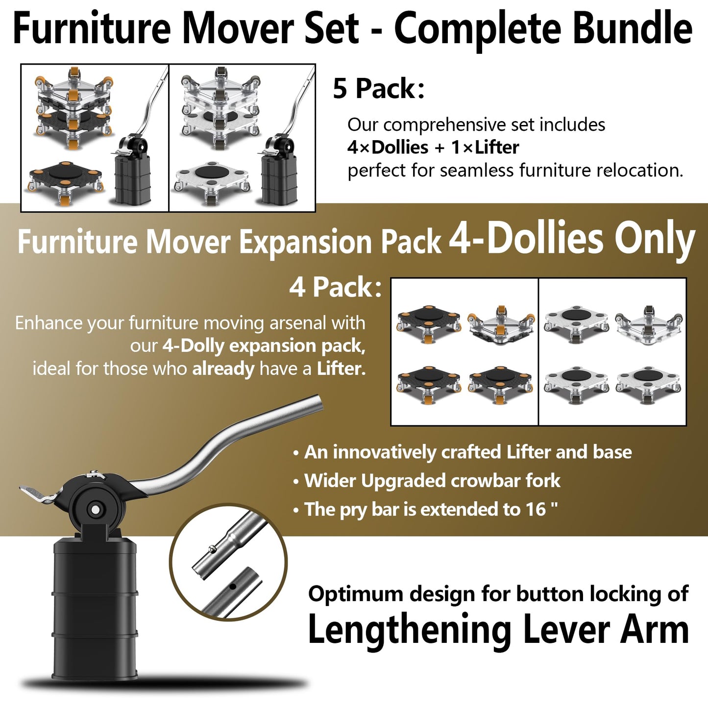 ONEON Furniture Mover Pro Set - Enhanced Dolly and Lifter with Custom TPE Wheels for Easy Furniture Lifting and Moving - Professional Tool for Effortless Furniture Transport (Black 4Dollies + 1Lifter)