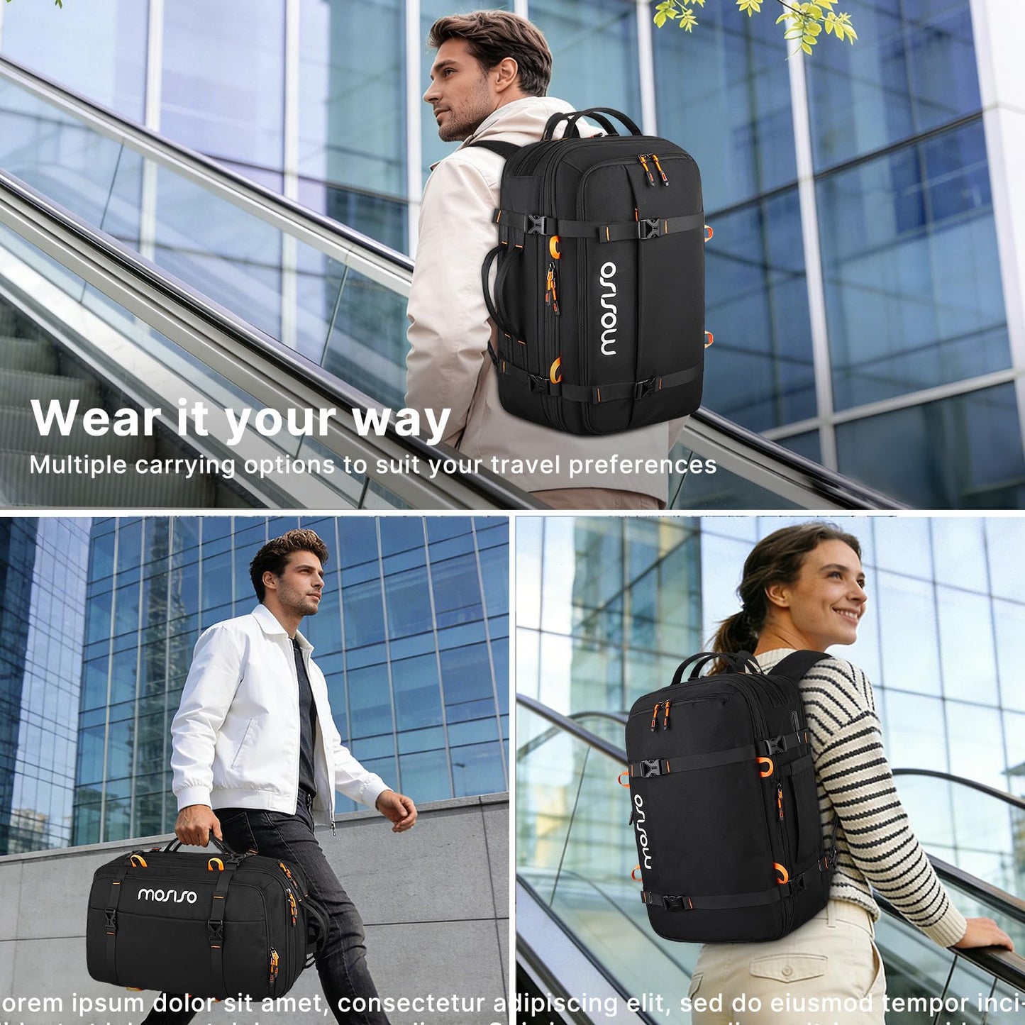 MOSISO 40L Travel Backpack for Men, Large Rucksack Duffel Bag Carry on Daypack with USB Port, Fits 15.6 inch Laptop Backpack, Black