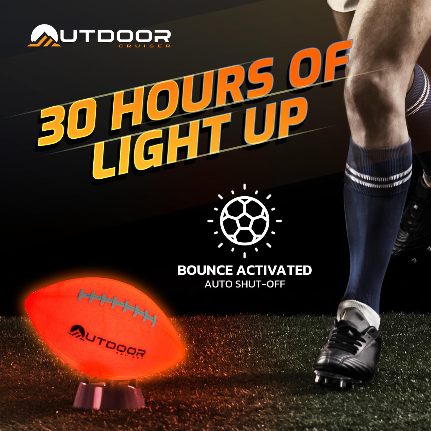 OutdoorCruiser Light Up Rugby Ball - Waterproof Rubber Construction, Glow in The Dark, Glows Up to 30 Hrs with Tap Activation, Complete Set with Pump & Spare Batteries, Official Size 6, for Ages 8-15