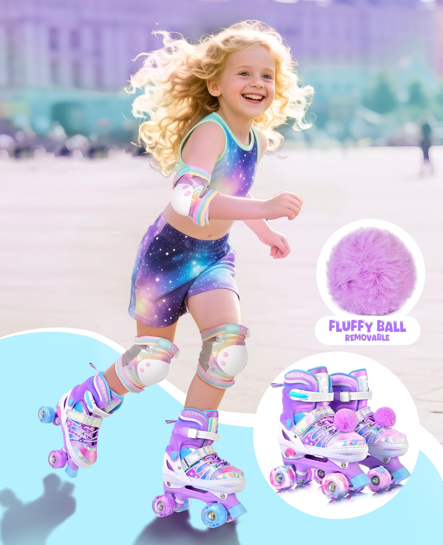 SULIFEEL Rainbow Tie-Dye Adjustable Roller Skates for Girls Kids Ages 3-5 5-8 6-12 Pink Purple Light Up Skate with Fluffy Pom Poms Triple Protection for Indoor Outdoor Skating
