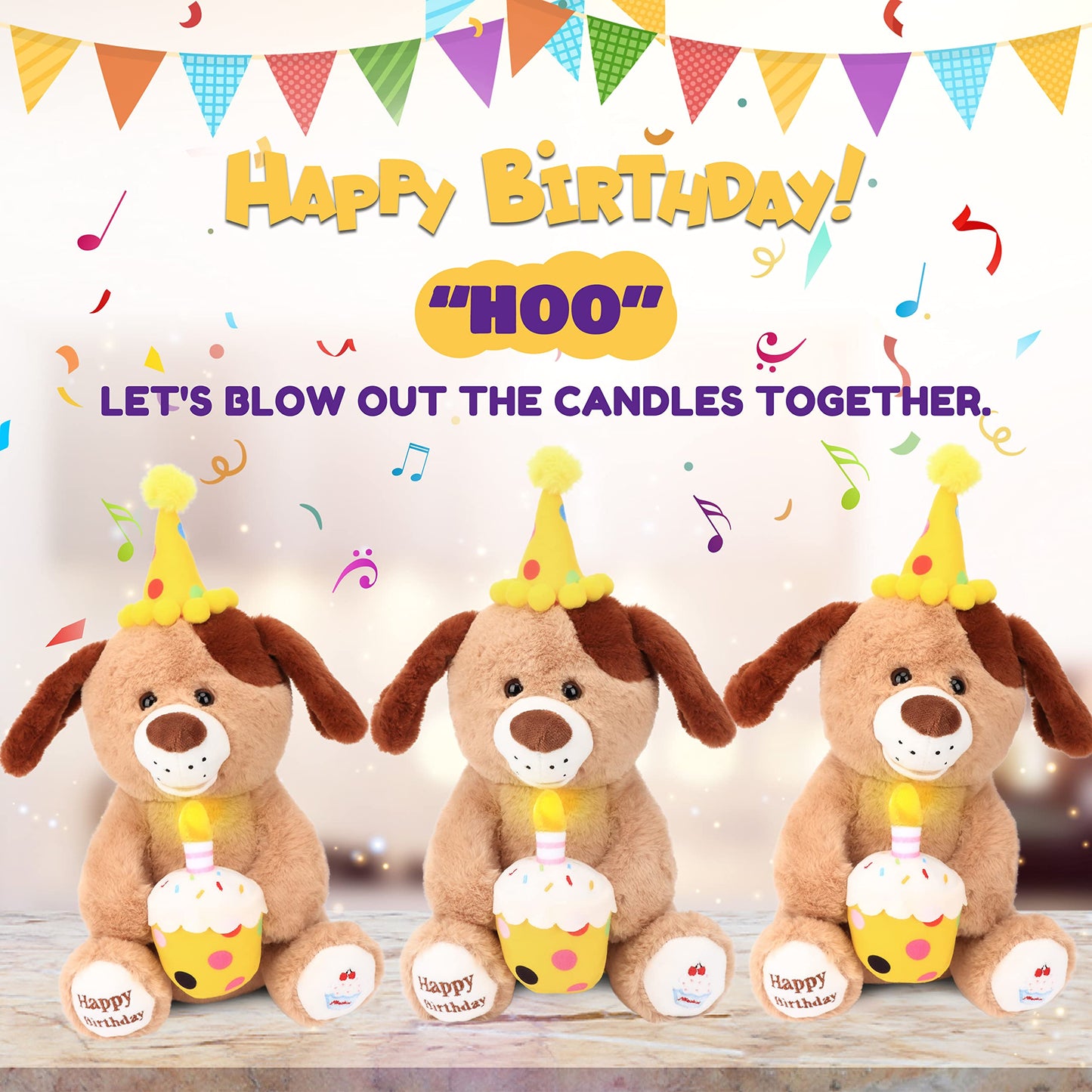 Hopearl Adorable Happy Birthday Dog with Glowing Cupcake Musical Stuffed Animal Puppy Singing and Shaking Plush Toy Interactive Animated Kids Gift, Brown, 15''