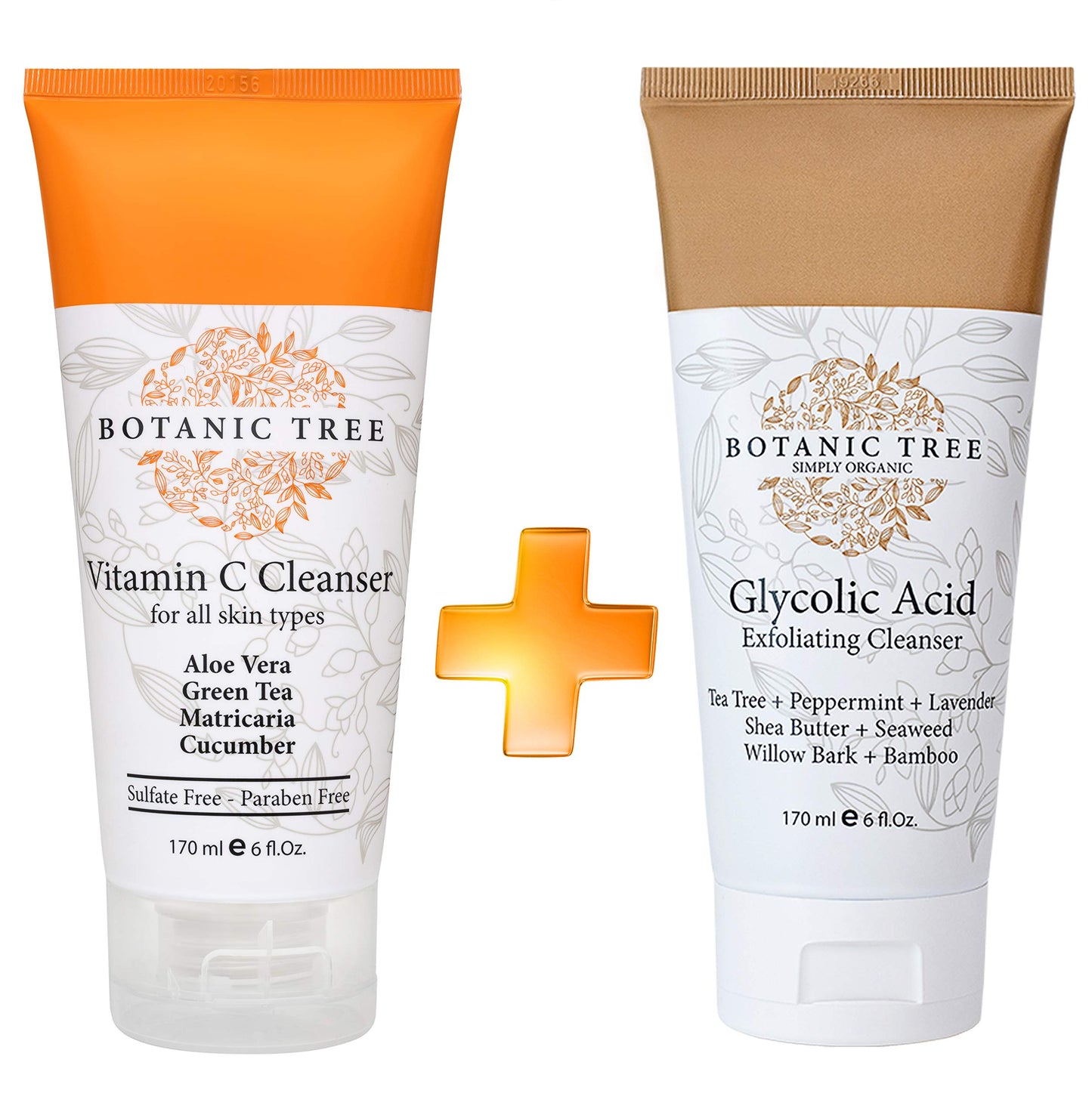 Botanic Tree Double Face Wash Kit - Gentle Facial Cleanser Set of Glycolic Acid Exfoliator Facewash And Vitamin C Cleanser for Women, Men - Natural Exfoliating Scrub Set for Oily, Dry, Sensitive Skin