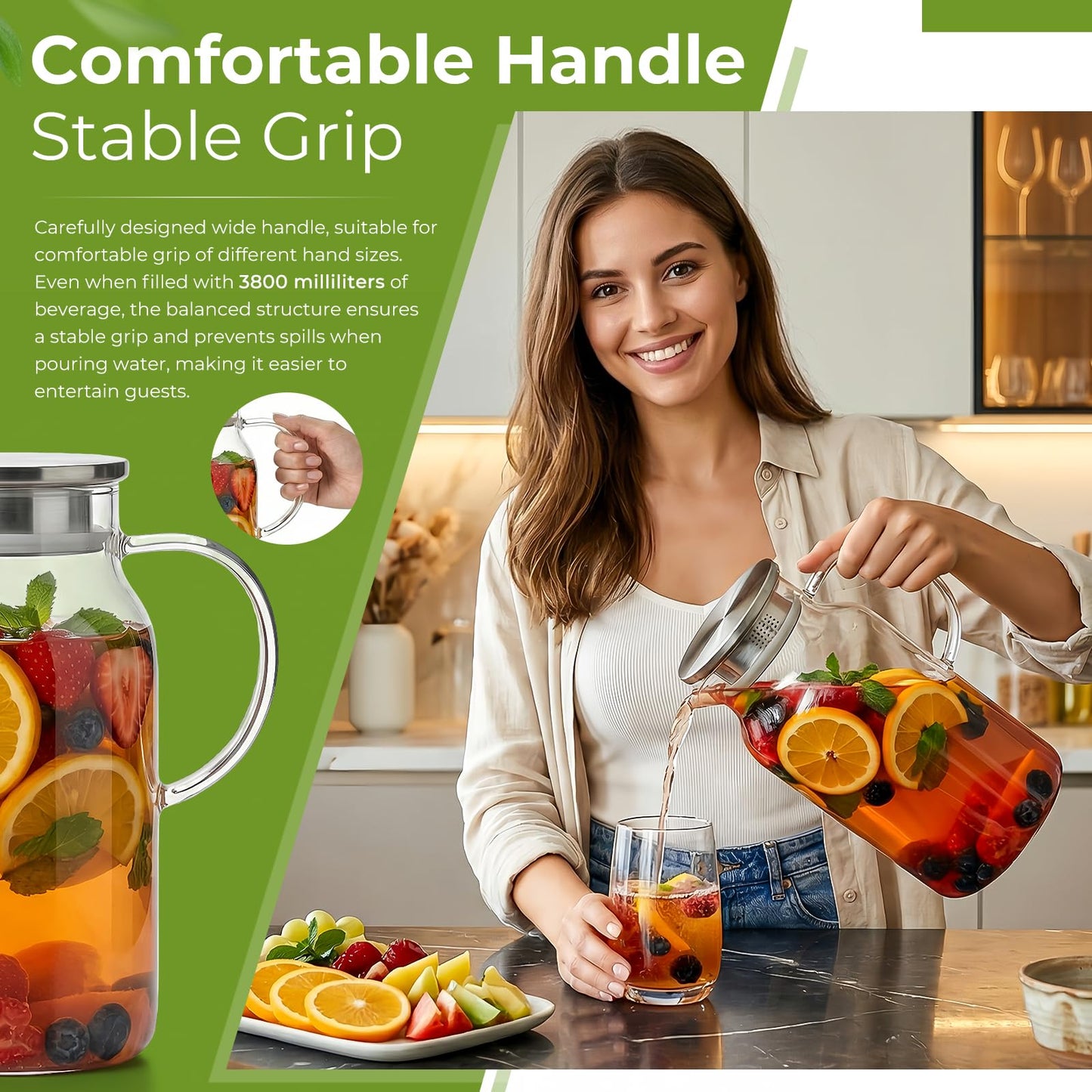 1 Gallon/3.8L Glass Pitcher with Lid, Extra Large Water Carafe Jug, Borosilicate Glass Iced Tea Pitcher, Glass Water Pitcher with Silicone Base, Leak-proof Ring & Cleaning Brush Included (Transparent)