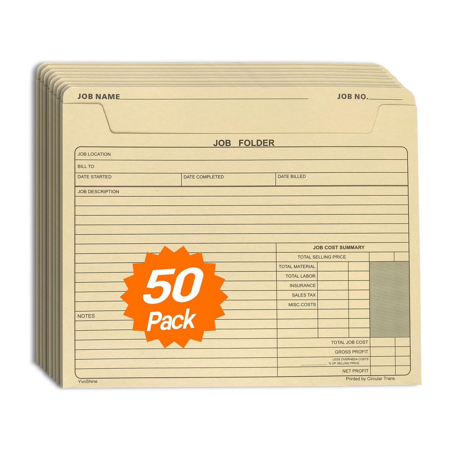 YvnShine 50 Pack Job Folder for Project Management, Heavy Duty Manila File Jacket 10x12 Inch, Preprinted Cost Tracking & Invoice Organization, Construction Project Management Files ﻿