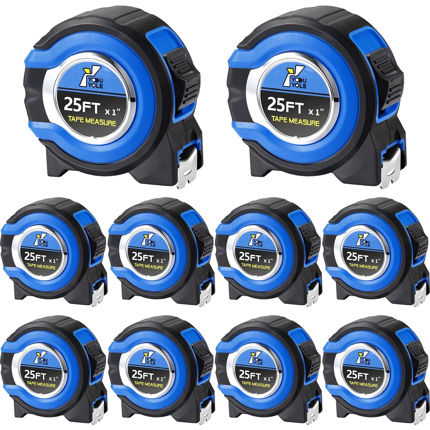 Youyole 10 Pack Tape Measure with Fractions 1/8 Steel Measuring Tape Retractable Easy Read Measurement Ruler Steel Power Blade (25 ft X 1 in,Blue)