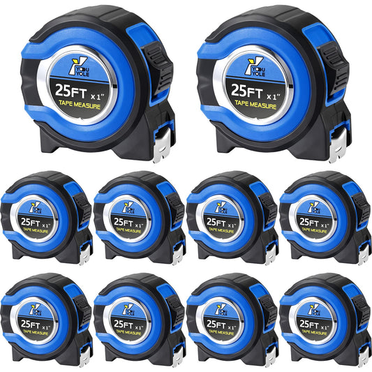 Youyole 10 Pack Tape Measure with Fractions 1/8 Steel Measuring Tape Retractable Easy Read Measurement Ruler Steel Power Blade (25 ft X 1 in,Blue)