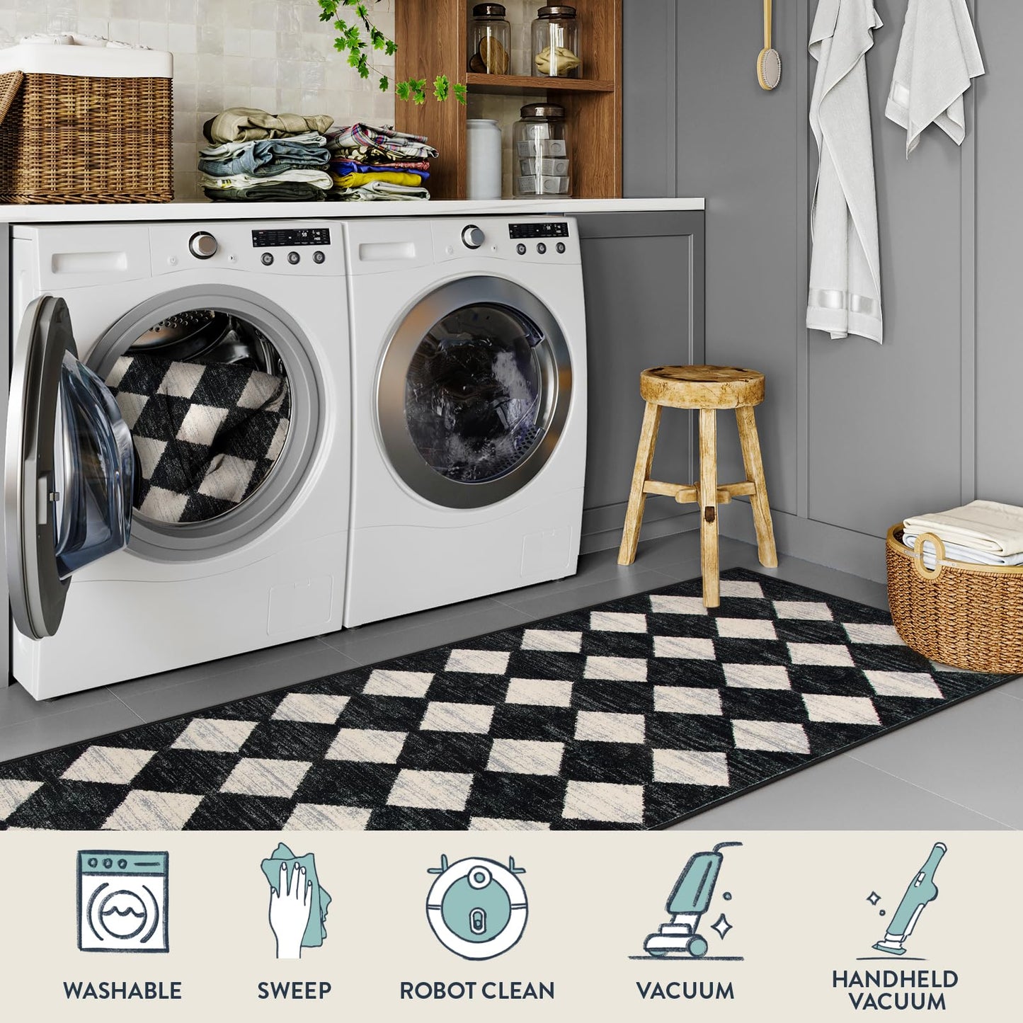 Lahome Moroccan Trellis Runner Rug - 2x6 Washable Black Bathroom Runner Rug Laundry Room Carpet Runners, Modern Soft Non Slip Indoor Floor Accent Mat for Bedside Kitchen Hall Bar Entryway RV