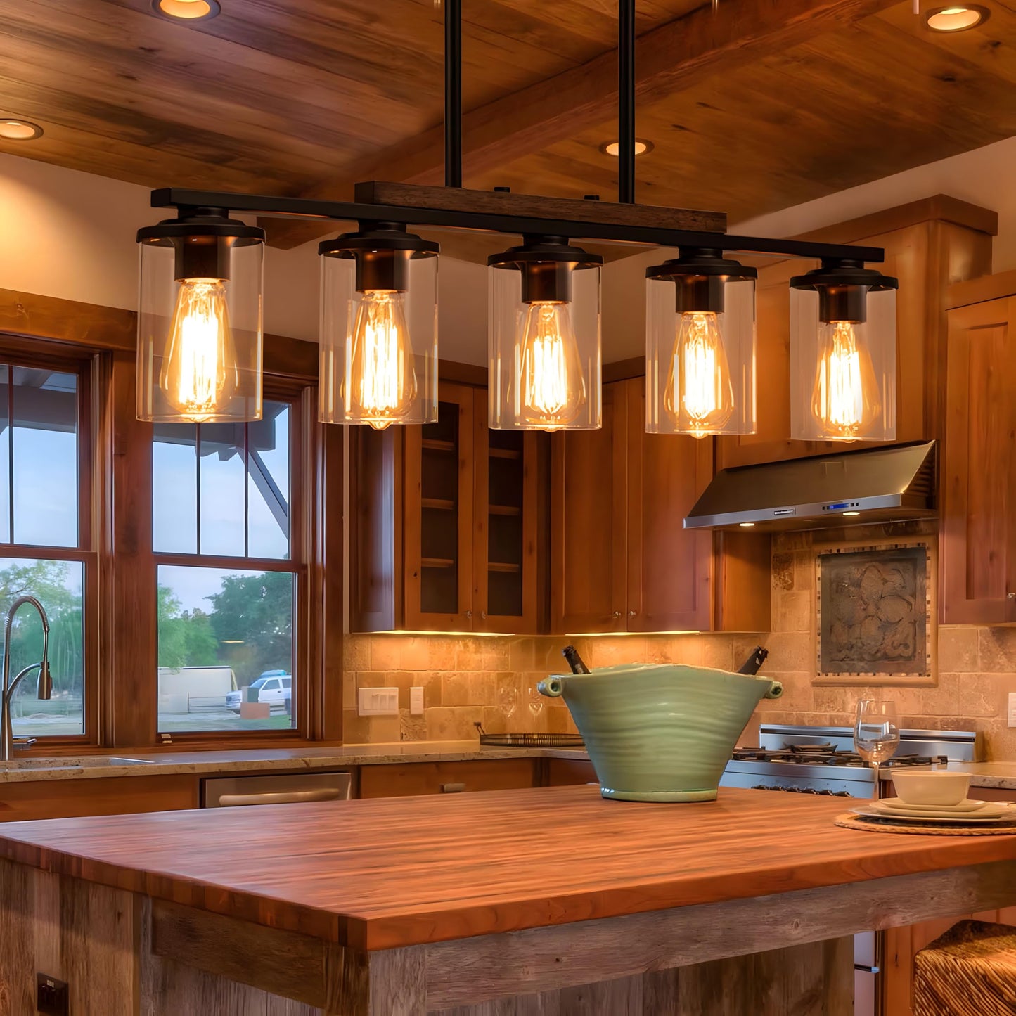 2025 Upgraded Kitchen Island Lighting, 5-Light Dining Room Light Fixtures Over Table Kitchen Island Lights with Rustic Wood Frame Farmhouse Chandelier for Dining Room, 32.4" Black Clear Glass Shades