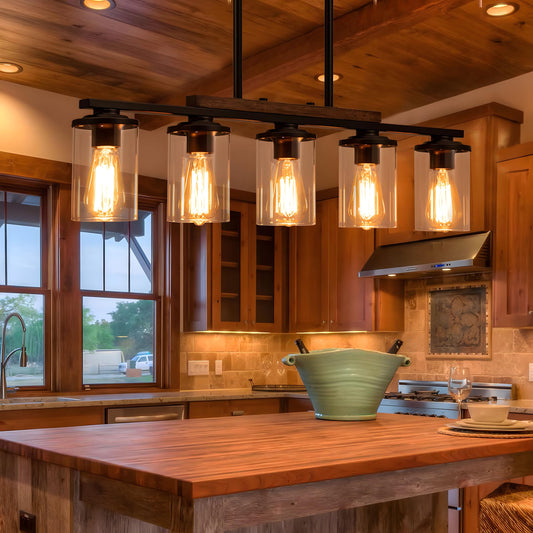 2025 Upgraded Kitchen Island Lighting, 5-Light Dining Room Light Fixtures Over Table Kitchen Island Lights with Rustic Wood Frame Farmhouse Chandelier for Dining Room, 32.4" Black Clear Glass Shades