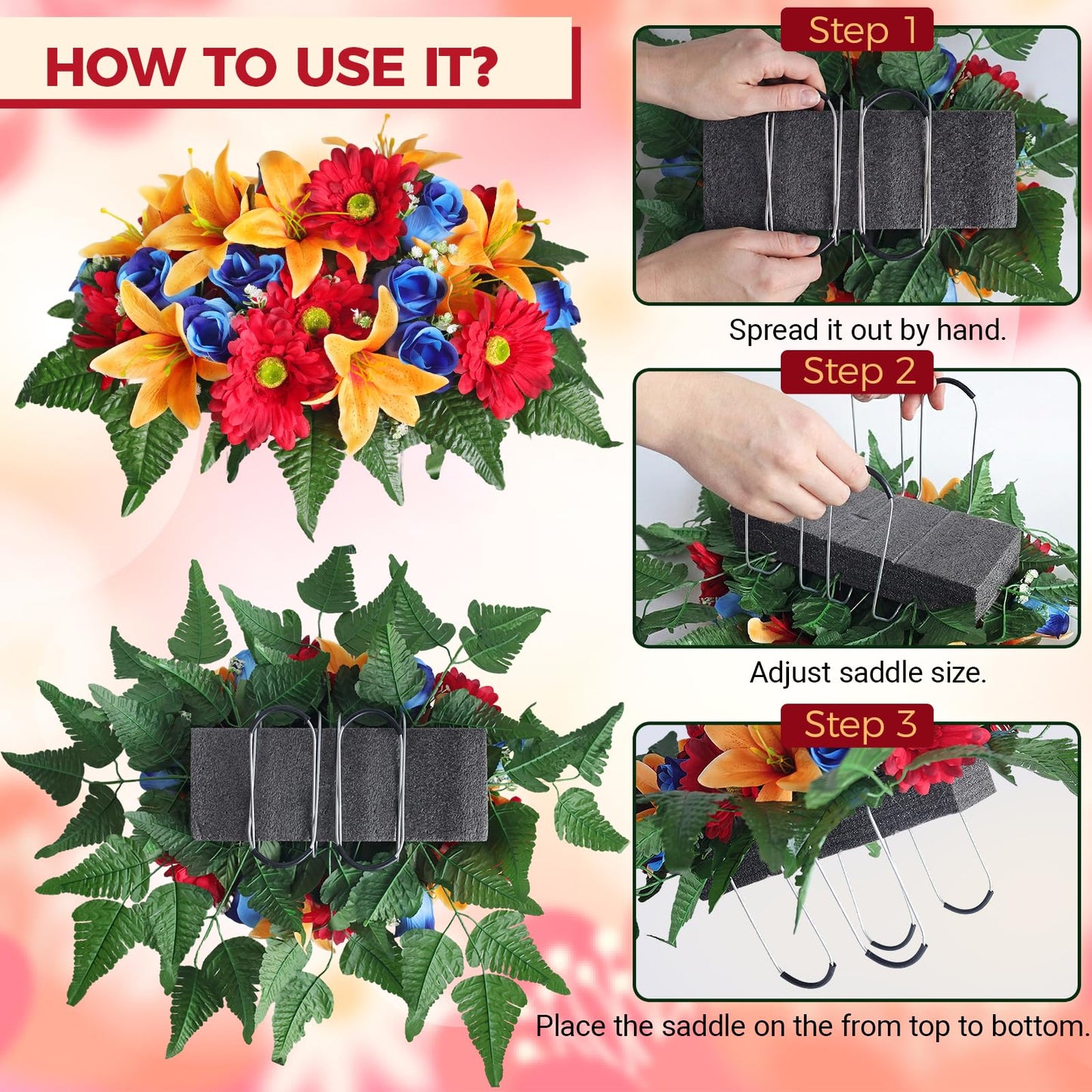 jabeick 3 PCS Artificial Cemetery Flower Saddles, Cemetery Memorial Flowers with Vase for Outdoor Grave Tombstone Decorations, Lily Rose Gerbera Headstone Flowers Saddle