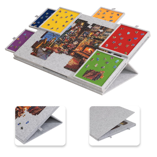 Lavievert 1500 Piece Tilting Puzzle Board with 2-in-1 Designed Stand & Cover, Lightweight Felt Mat Plateau with 6 Colored Drawers, Portable Jigsaw Puzzle Table with Storage for Adults – Light Gray