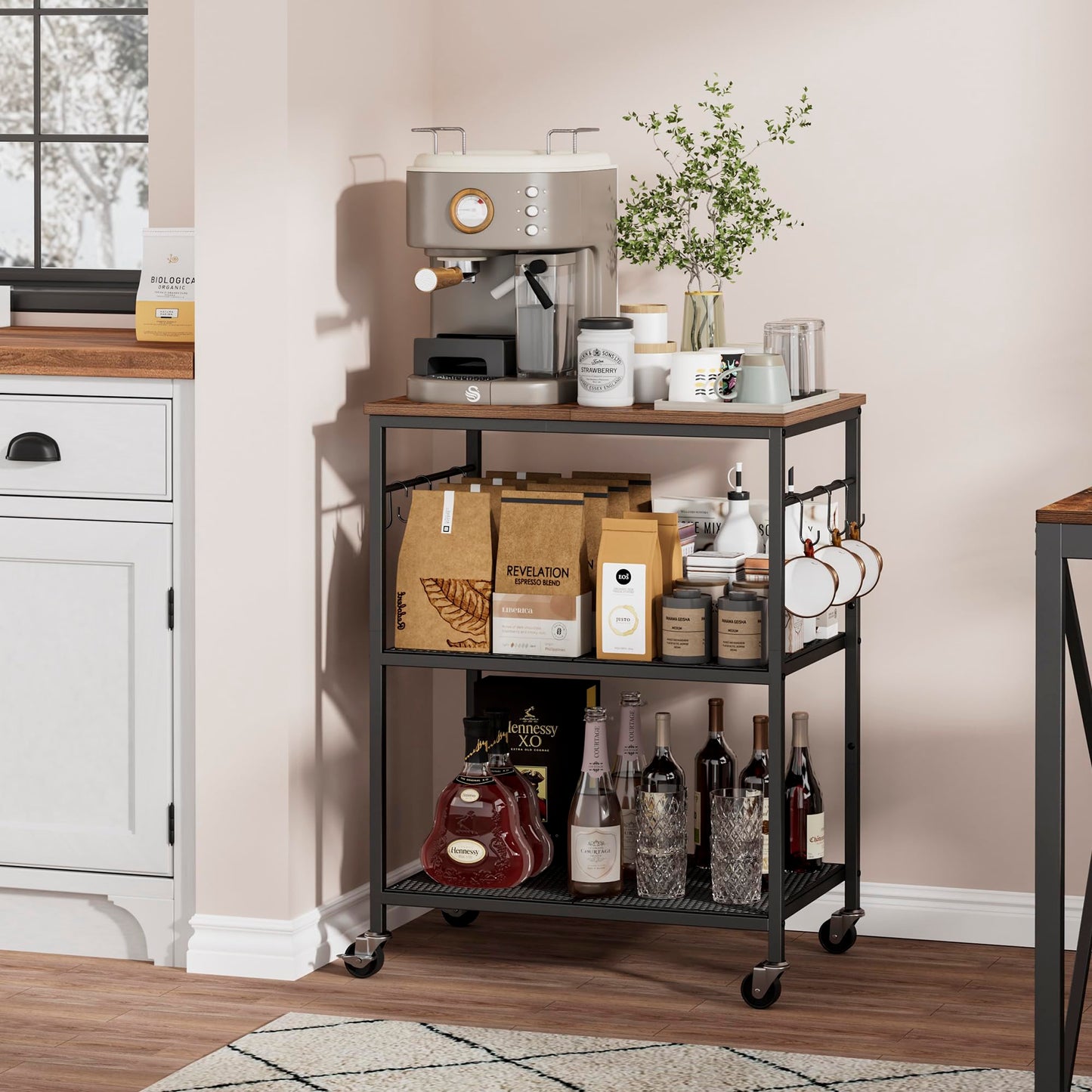 Homleke 3-Tier Rolling Kitchen Microwave Cart, Kitchen Utility Cart on Lockable Wheels, Coffee Bar Table Station with 6 S-Shaped Hooks, Small Appliance Storage Shelf, Rustic Brown and Black