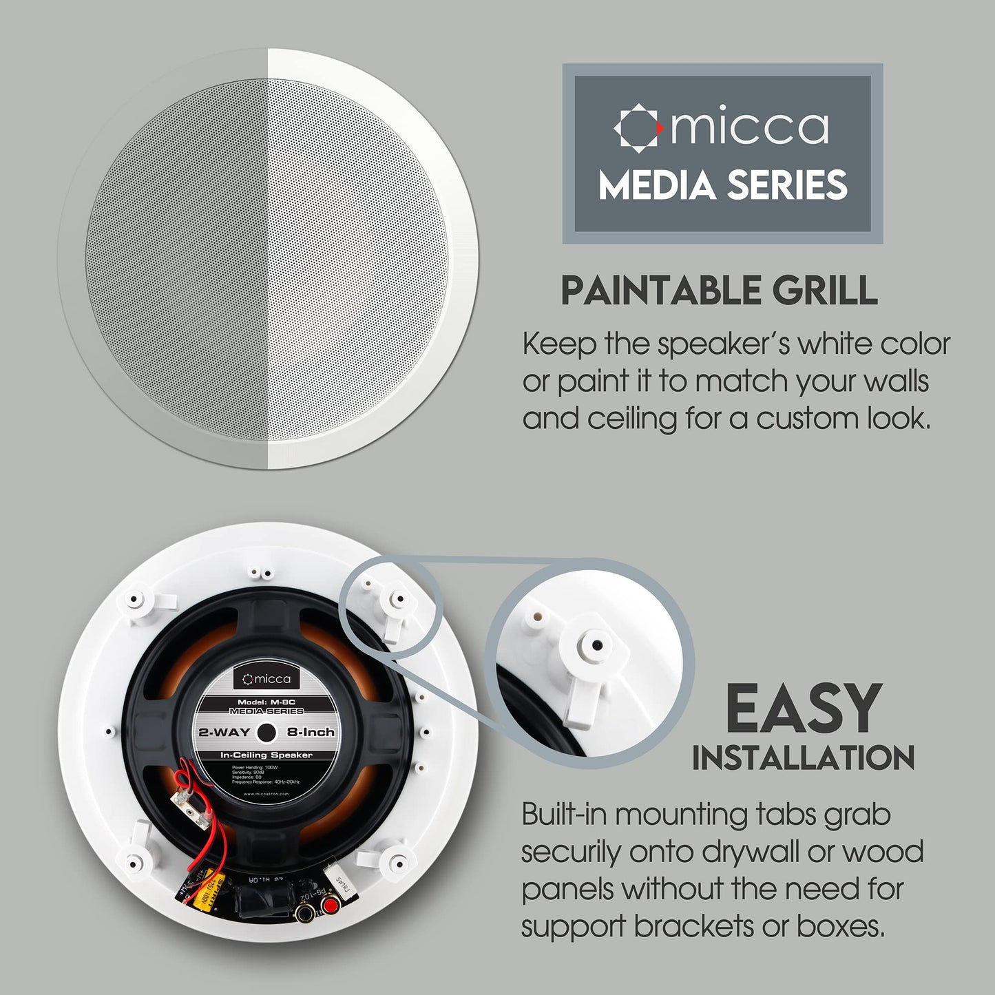 Micca M-8C 2-Way in-Ceiling Round Speaker, 9.4" Cutout Diameter, Whole House Audio, Home Theater, Indoor or Covered Outdoor, 8" Woofer, 1" Tweeter, White, Paintable, Each