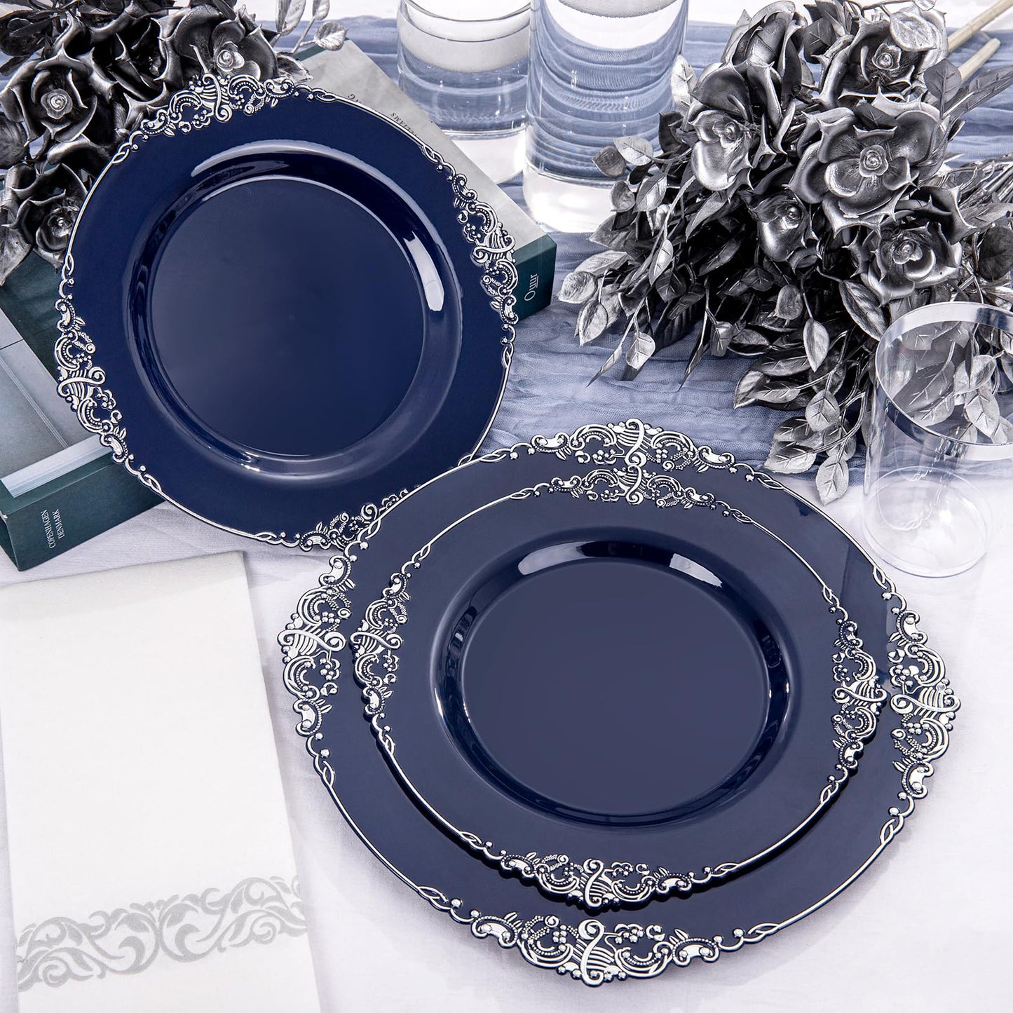 Hioasis 175pcs Blue and Silver Plastic Plates - Elegant Disposable Dinnerware Set Suitable for 25 Guests Include 10.25" Dinner & 7.5" Dessert Plates, Cutlery, Napkins, Cups for Party & Wedding