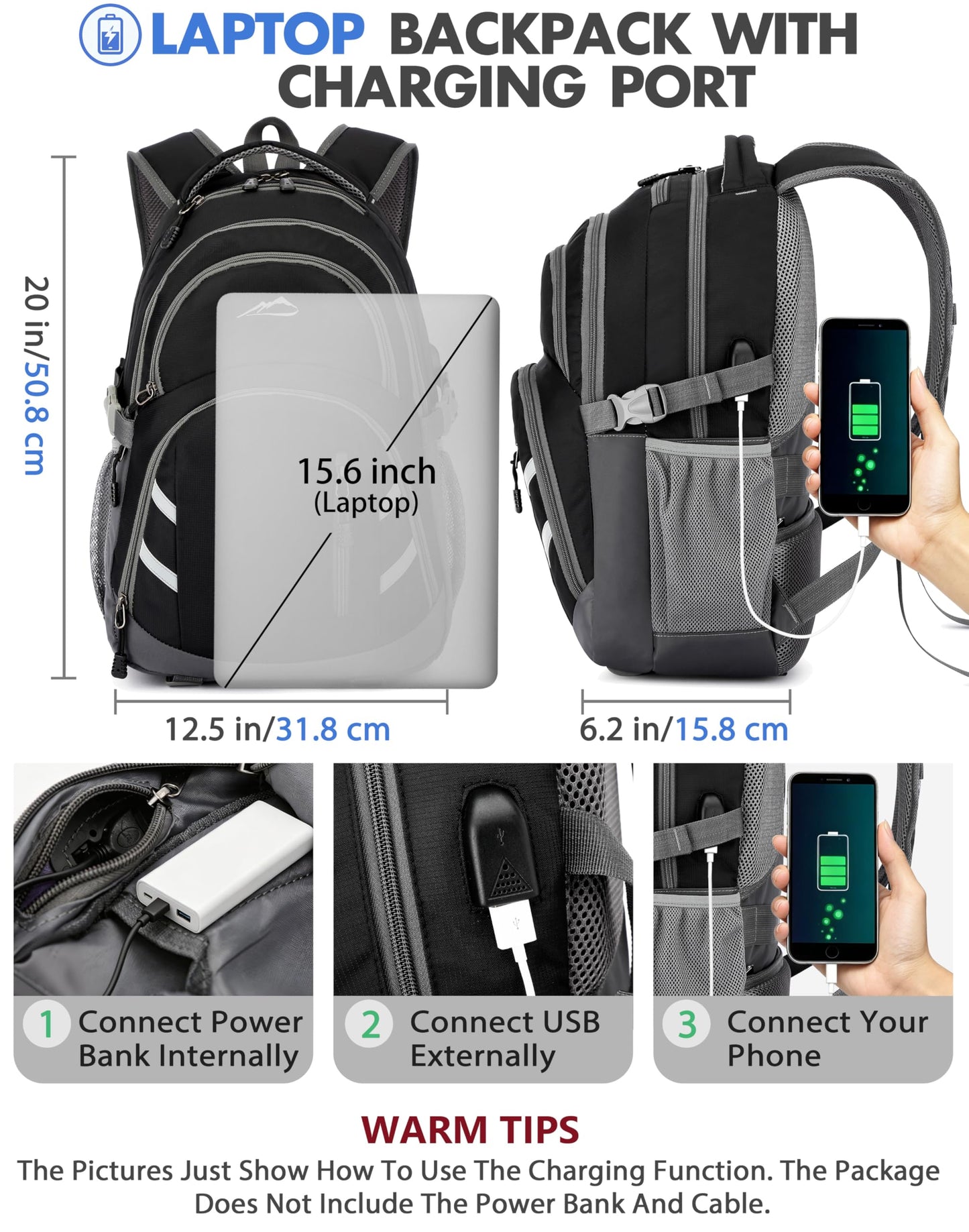 ProEtrade Backpack Bookbag for College Laptop Travel, Fit Laptop Up to 15.6 inch with USB Charging Port Multi Compartment Anti theft, Gift for Women Men (Black)