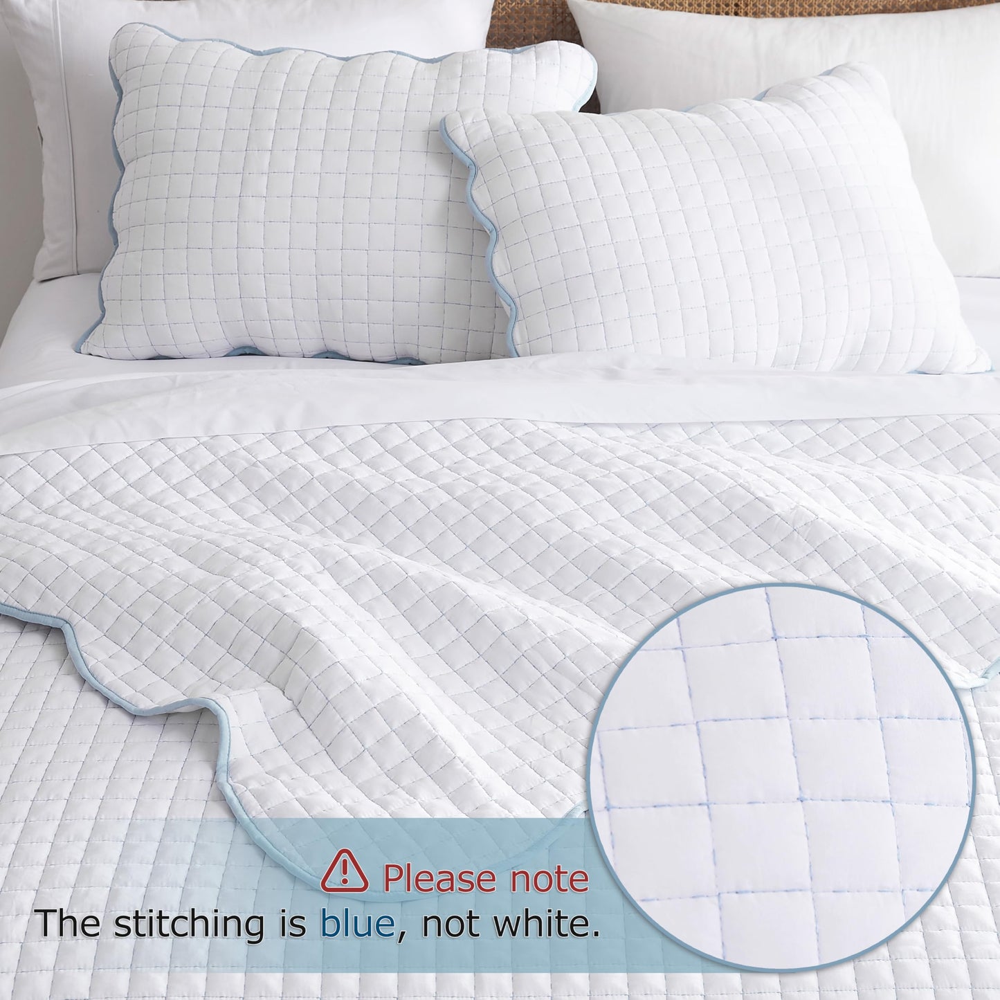 WDCOZY White King Size Quilt Bedding Set, Blue Scalloped Farmhouse Country Rustic Lightweight Soft Coverlet for All Season, Cute Cozy Kantha Pick Stitch Bedspread, 2 Pillow Shams