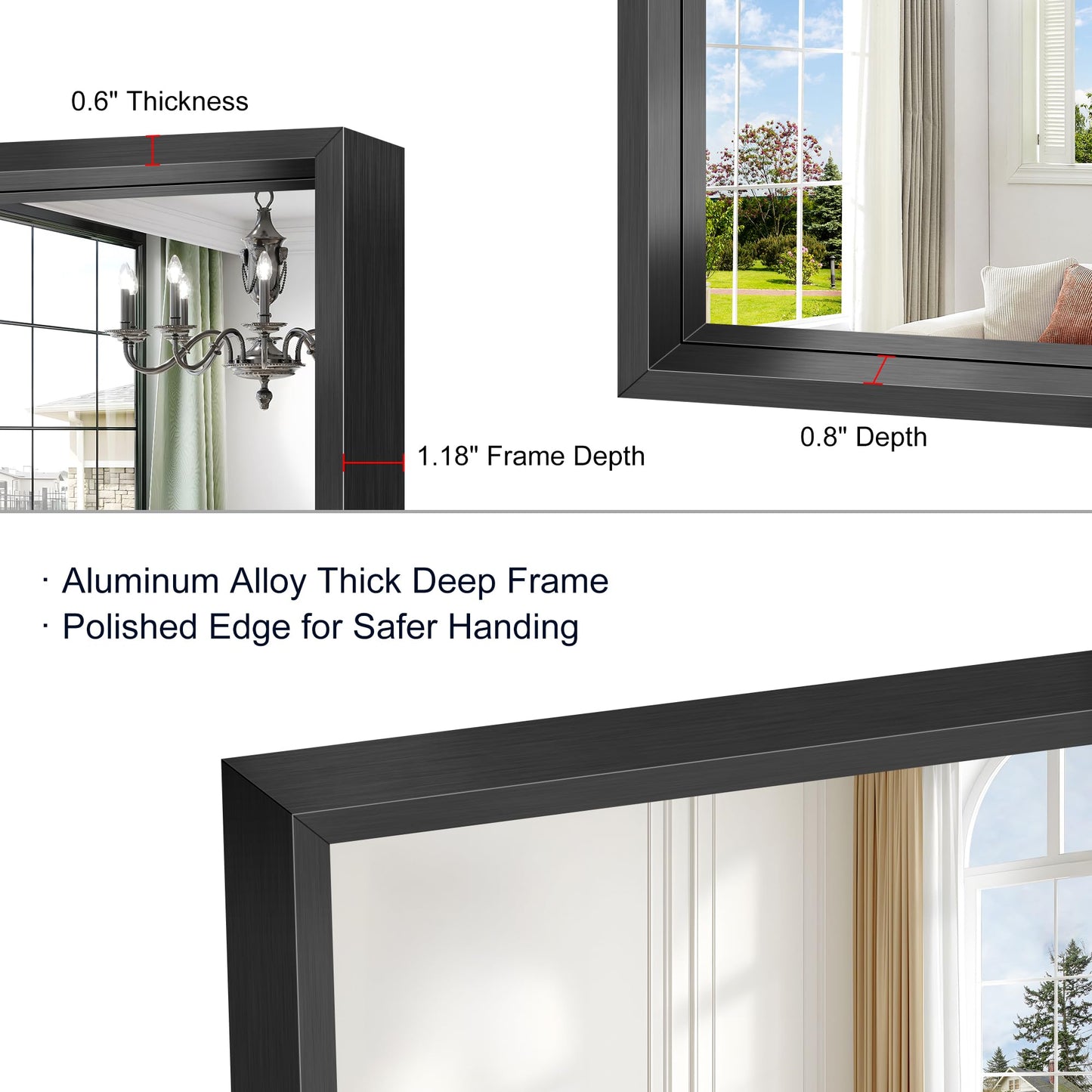 CIVENO 24x24 Square Black Mirror, Bathroom Mirrors for Over Sink 0.6" Thickened Deep Frame, Brushed Black Rectangle Mirrors for Wall, Shatterproof Tempered Glass, Antirust, Horizontally or Vertically
