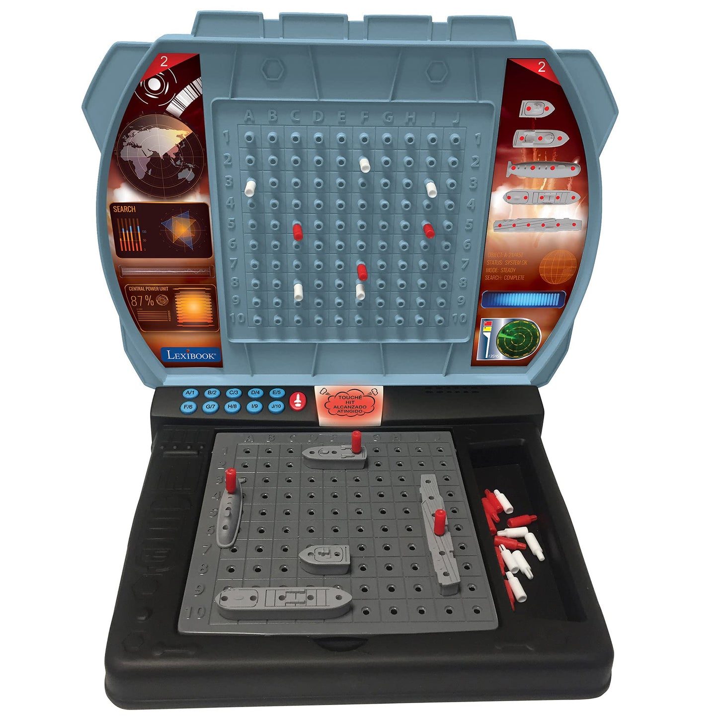 Lexibook Talking Sea Battle (French, English, Spanish, Portuguese), Electronic Board Game 1 or 2 Players, Interactive, Light and Sound Effects, Strategy, Battery Operated, Grey/Black, GT2800US