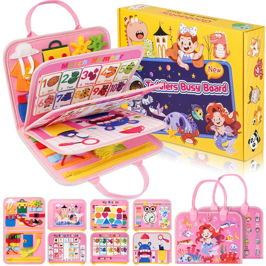 Busy Board Montessori Toys for Toddlers 3 4 5 6 Years Old Girl Gift Birthday Christmas, 10 Pages 30 Activities Sensory Educational Preschool Learning Toys, Fine Skill Travel Essential Toys