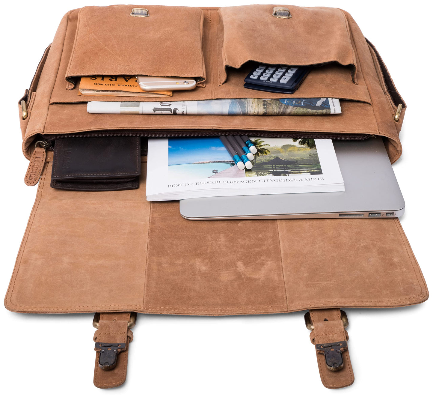 LEABAGS Leather Briefcases for Men - Genuine Leather Cambridge 15 Inch Laptop Bag - Messenger Bag Vintage Shoulder Bag