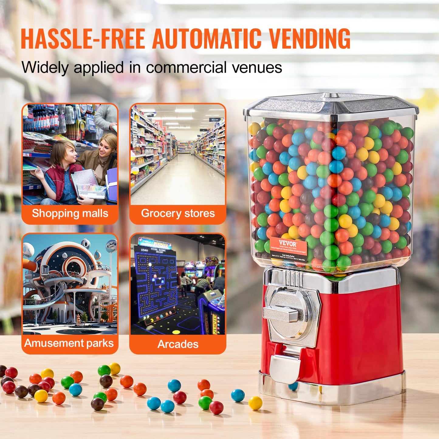VEVOR Gumball Machine for Kids, 17"H Home Candy Vending Machine, PC Gumball Dispenser, Bubble Gum Machine for Game Stores, Coin Operated Gumball Bank for Toy Capsules Bouncy Balls Candy, Red