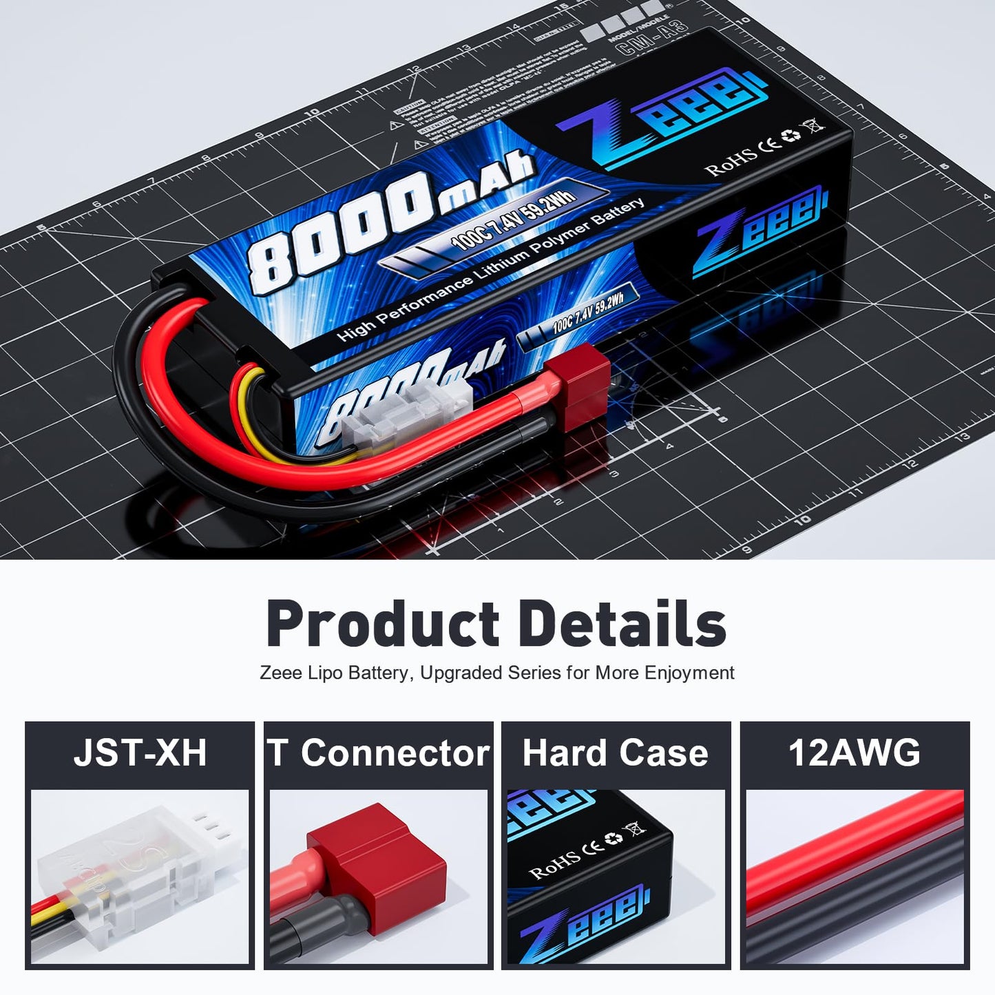 Zeee 2S Lipo Battery 8000mAh 7.4V 100C Hard Case with T Plug for RC Car Truck Truggy Boat Helicopter(2 Pack)