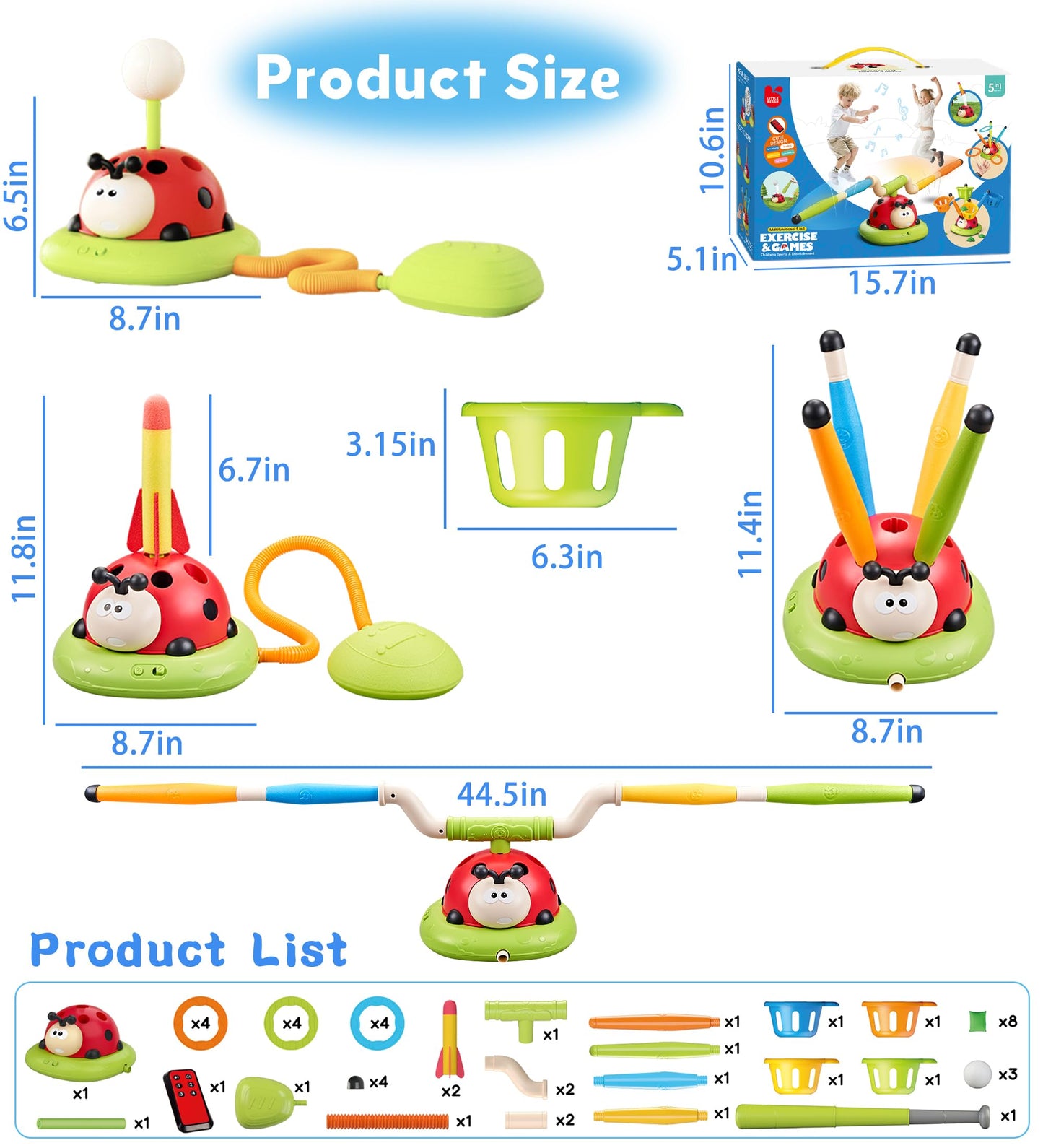 5 in 1 Musical Jump, Bean Bag Toss Ring Set, Baseball Toys and Rocket Launcher for Kids, Remote Control Indoor Outdoor Sports Toys for Kids 4-8