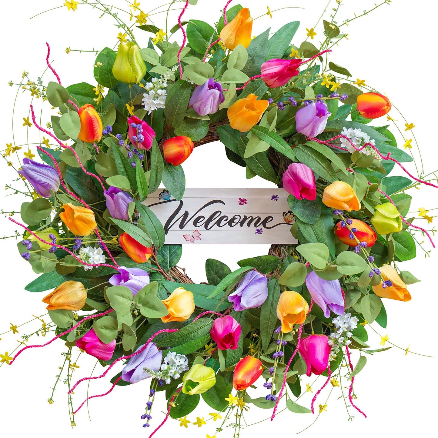 Summer Spring Wreaths for Front Door 26 Inch, Tulip Spring Summer Wreath with Welcome Sign, Artificial Floral Spring Door Wreath for Outdoor Front Door, Farmhouse Seasonal Summer Wreath