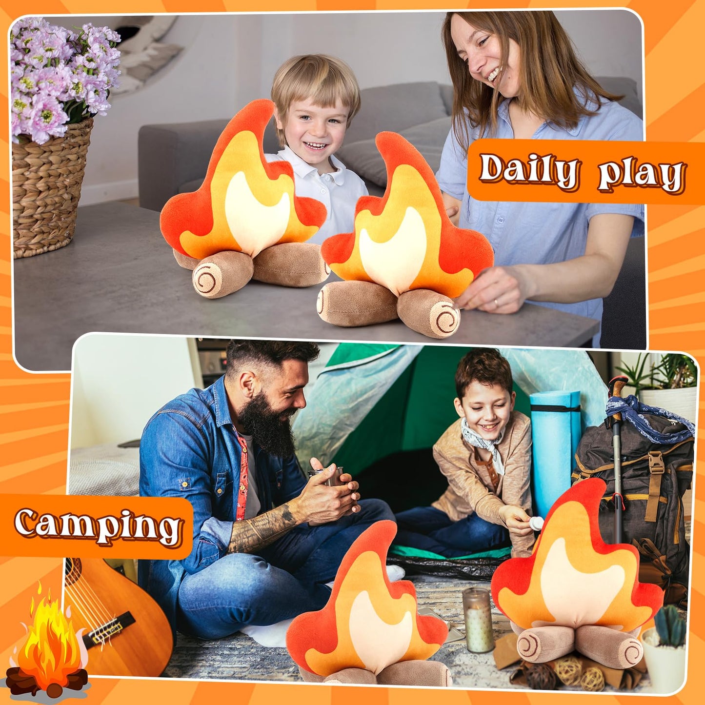 PullCrease Campfire Plush Toys Fake Fire Firewood Plush Pillow Woodland Forest Nursery Classroom Decor for Camping Overnight Scene Setting Room Decoration(3 Pack)