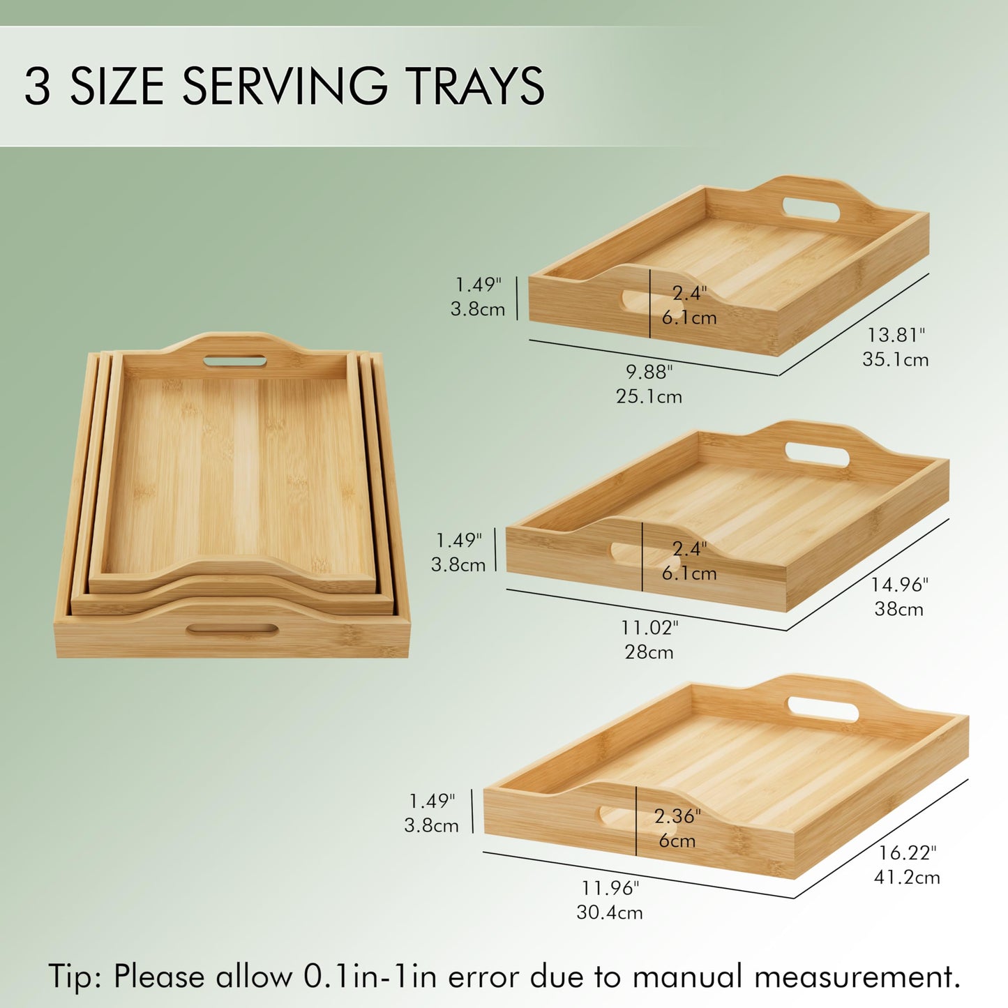 3 Pack Serving Tray with Handles, 3 Sizes Nestable Rectangular Tray Easy Carrying Serving Trays, Durable Bamboo Trays for Serving Food, Party, Kitchen, Organizing, Decorating