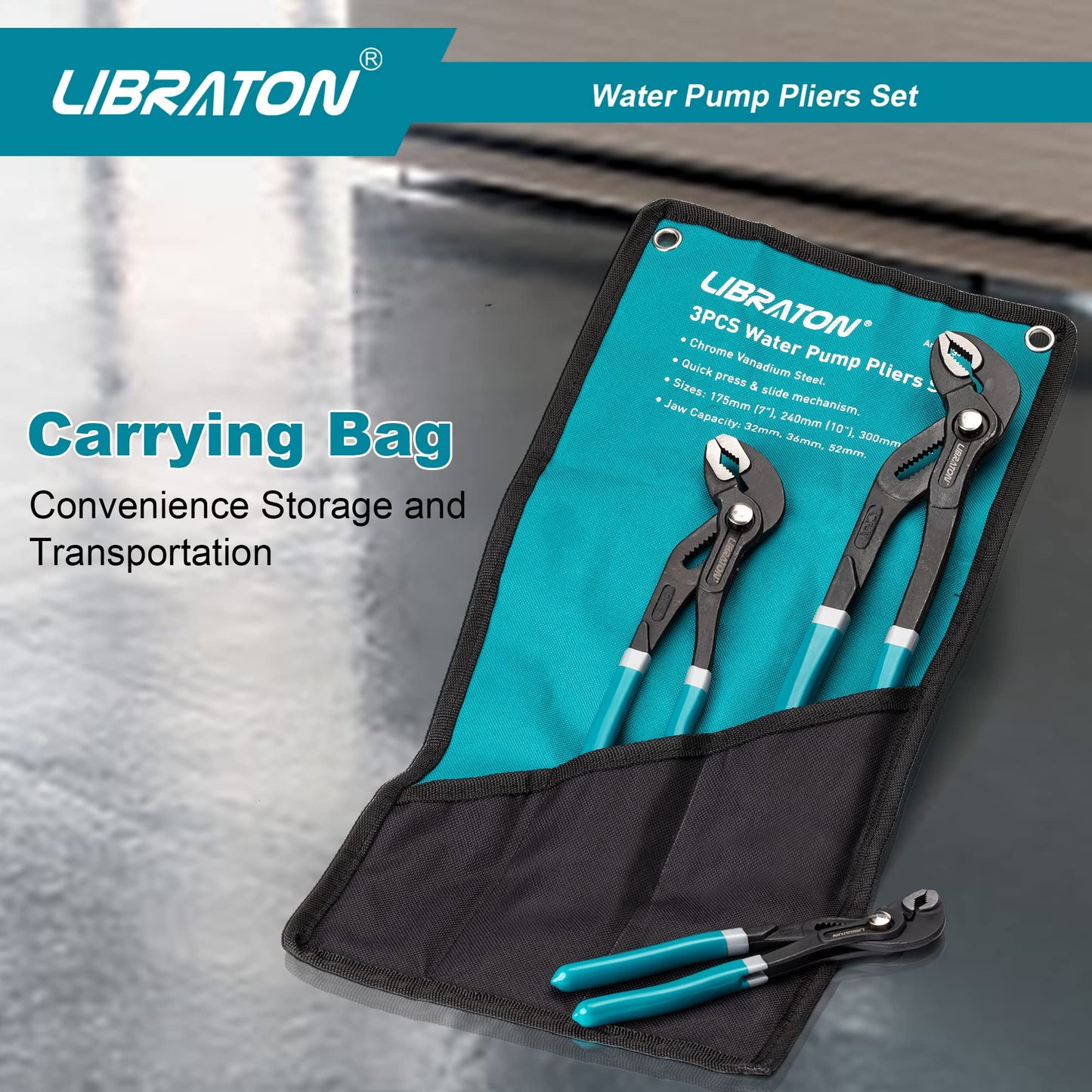 Libraton Water Pump Pliers, Groove Joint Pliers Set, V-Jaw Tongue and Groove Pliers in CR-V Steel, 7 10 12Inch Plumbing Pliers, Adjustable Pliers, Ratcheting Push Button Adjustment Mechanism