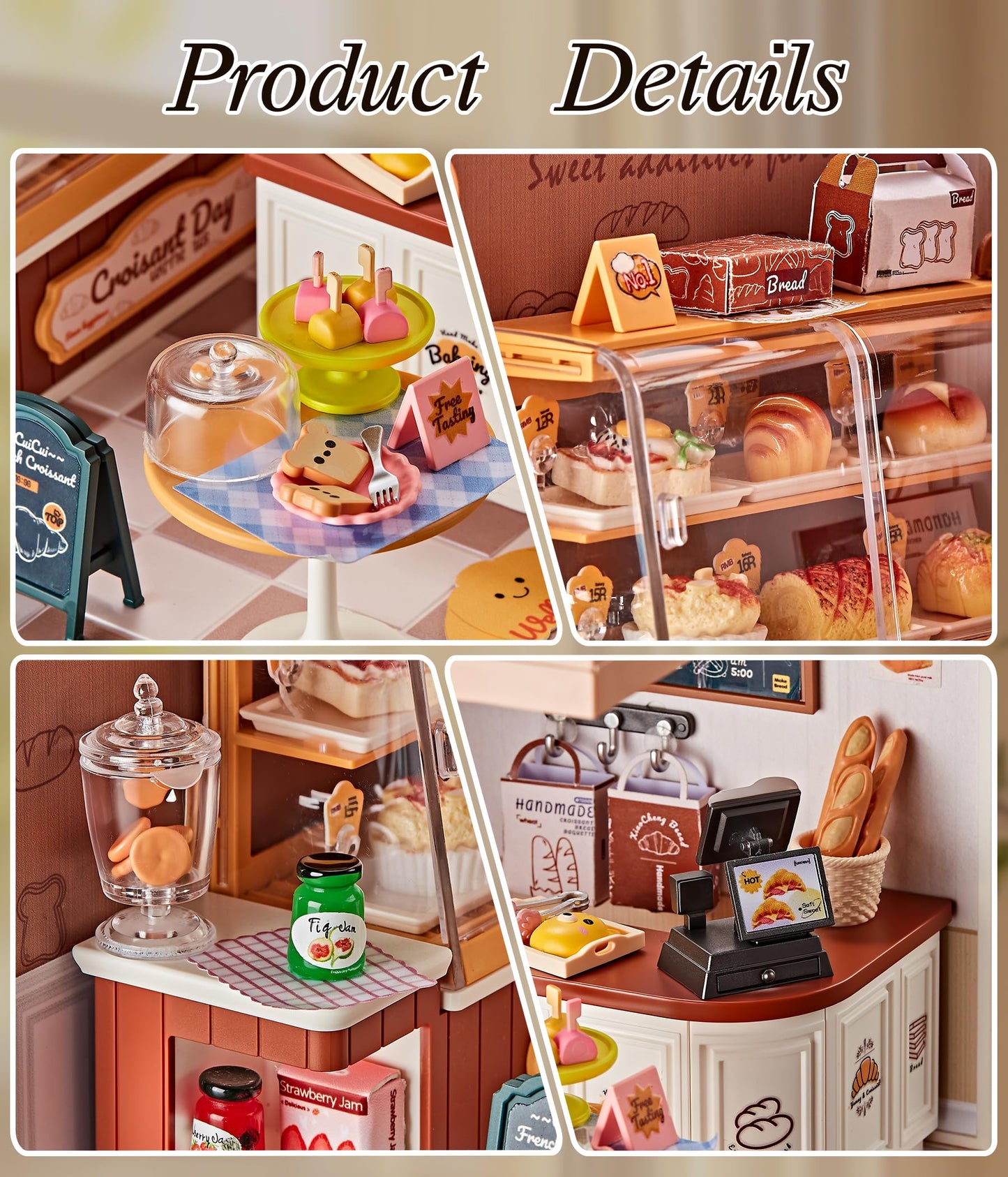 Tkmango Bread Shop DIY Miniature House Kit with Roof & LED Light, Stackable & Connectable Dollhouse Kit with Dustproof Door, Creative DIY Crafts Building Toy Gift for Adults Teens