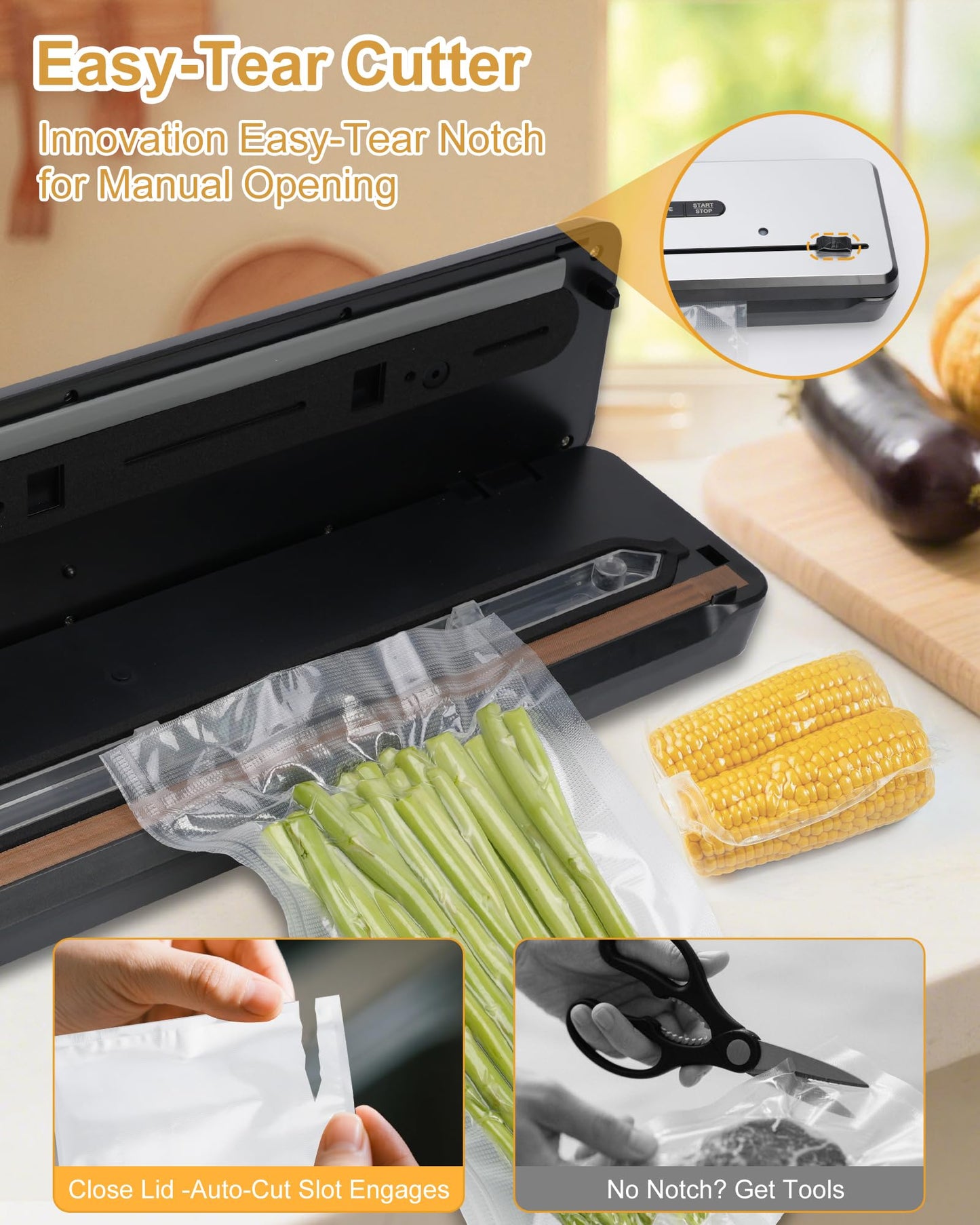 Presoviia Vacuum Sealer Machine 135W - Auto-Stop Food Sealer with Built-in Cutter, 8-in-1 Smart Modes, 5 Vacuum Bags Included, Compact Food Saver for Meal Prep, Sous Vide, Bulk Storage