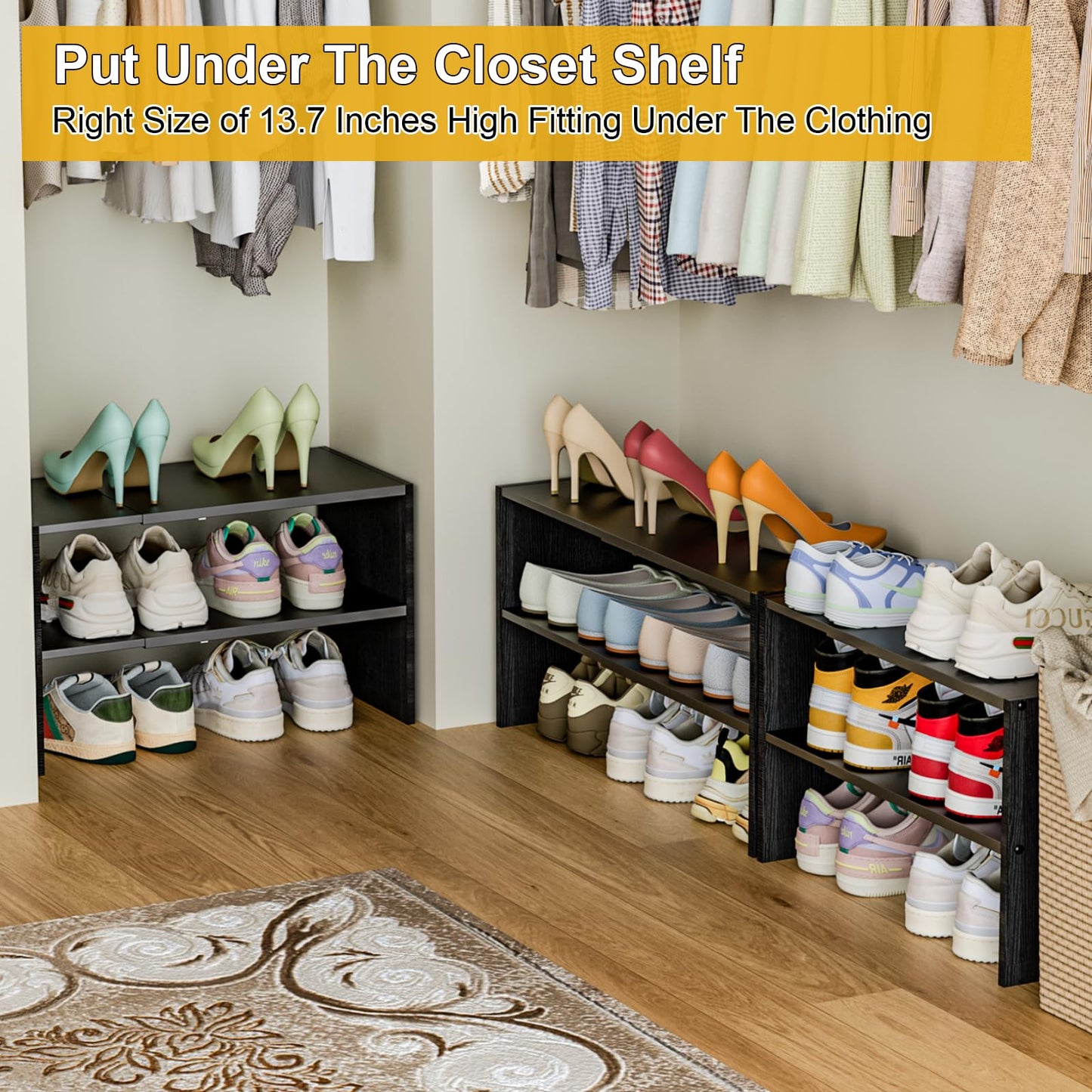 Black Shoe Rack Organizer for Closet, 2-Tier Expandable Shoe Shelf, Stackable Iron Wood Combination Small Shoe Racks Shelves for Closets, Entryway,Small Space,Hallway,Garage,6-12 Pairs