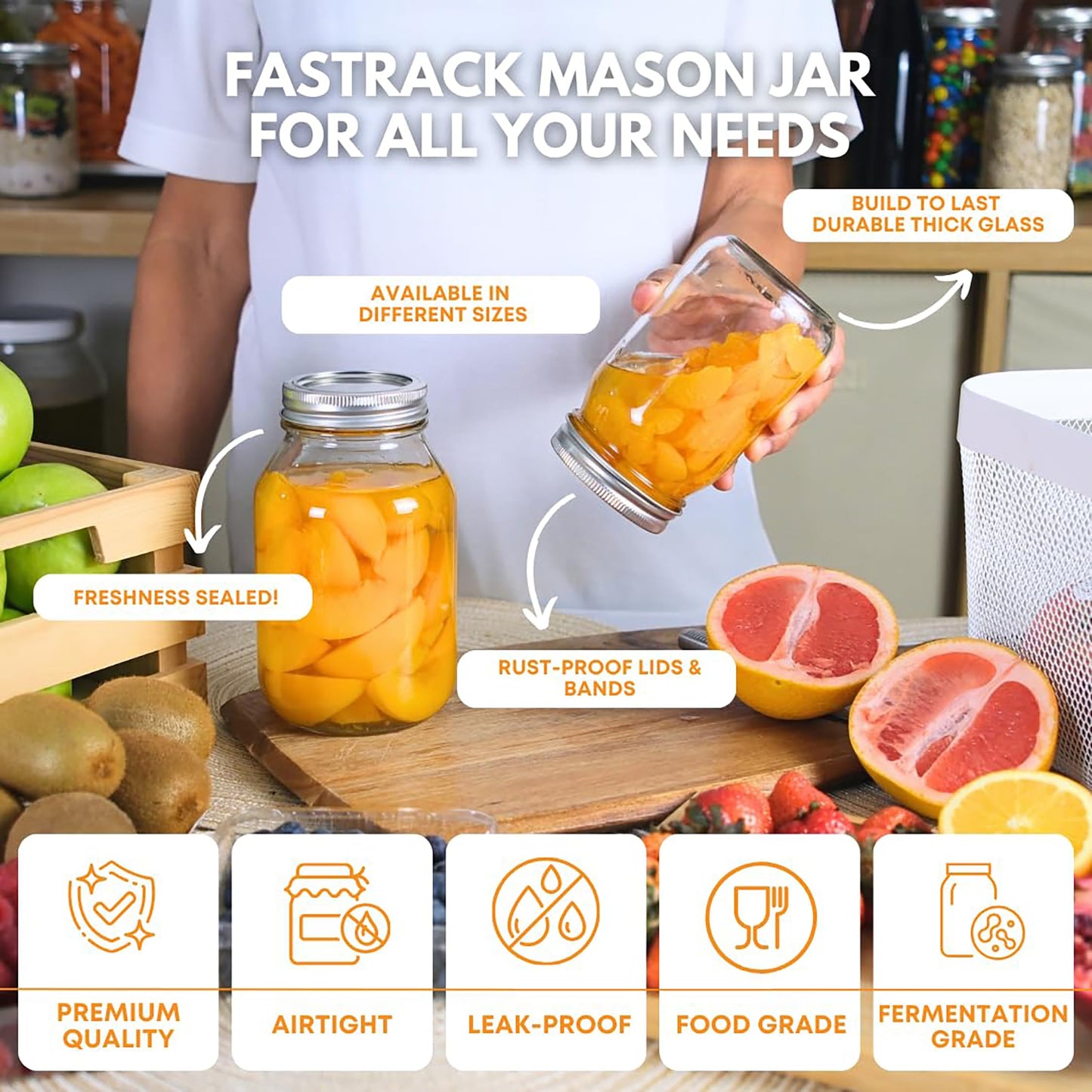 FastRack 32 oz Regular Mouth Mason Jars with Lids – Pack of 12 Quart Canning Jars for Food Storage, Pickling, Fermentation, Crafts – Reusable Airtight Large Glass Mason Jar with 1 Black Cap Gripper