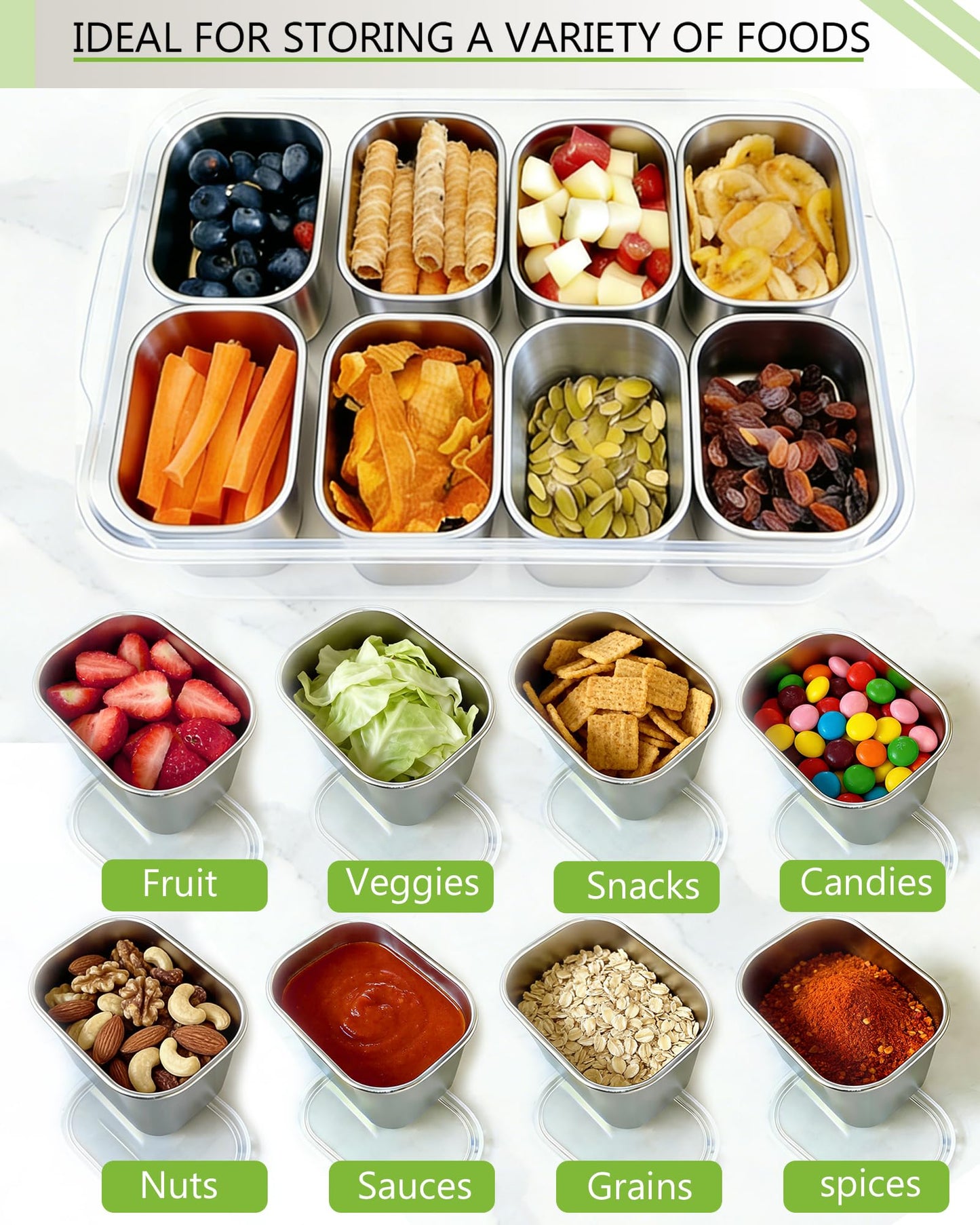 Snackle Box Container, Stainless Steel Divided Serving Tray with Lid and Handle, Large Snack Tray for Fruit Veggie Candy, 8-Compartment Snack Platter for Travel Party Beach Picnic
