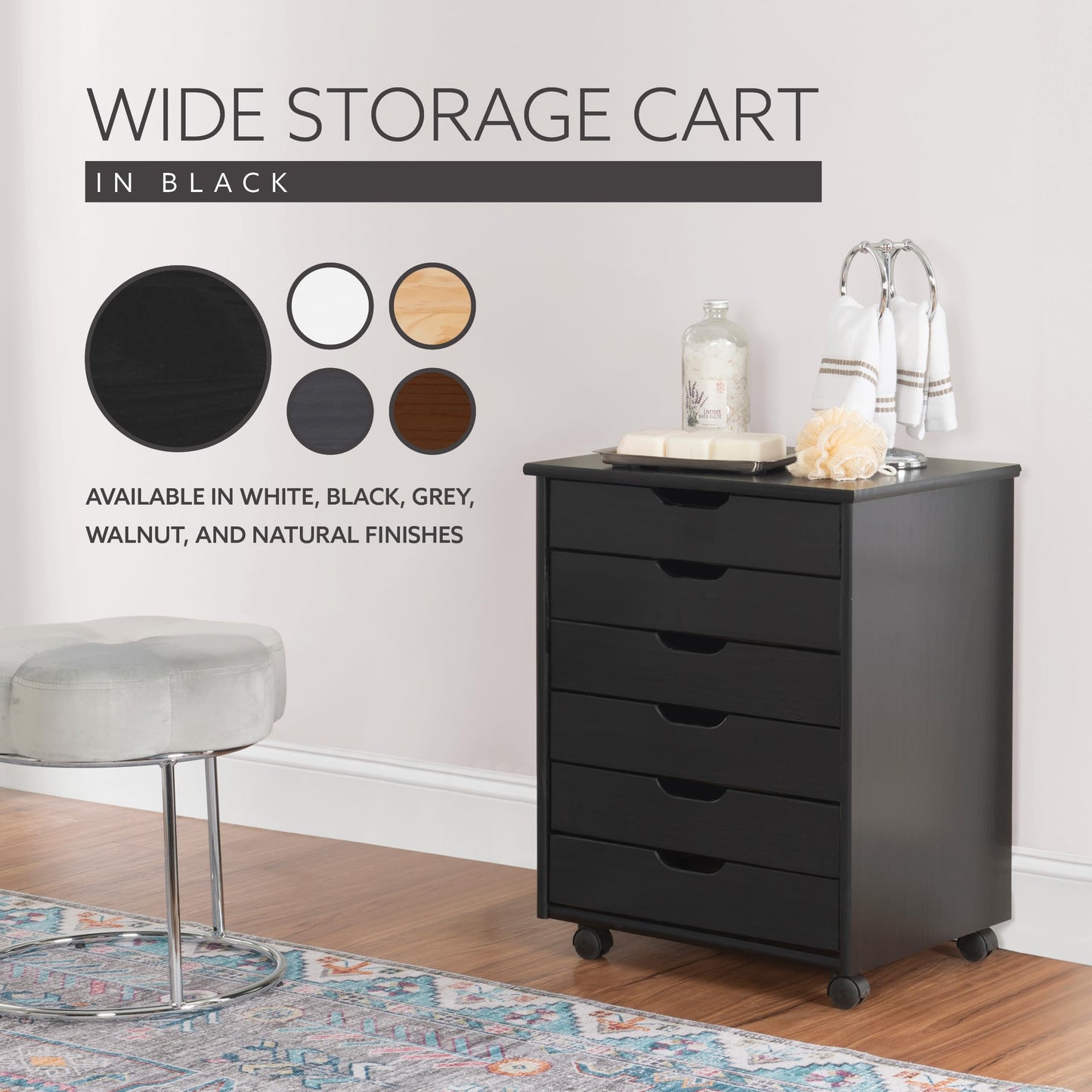 Linon Corinne Black Six Drawer Wide Rolling Storage Cart