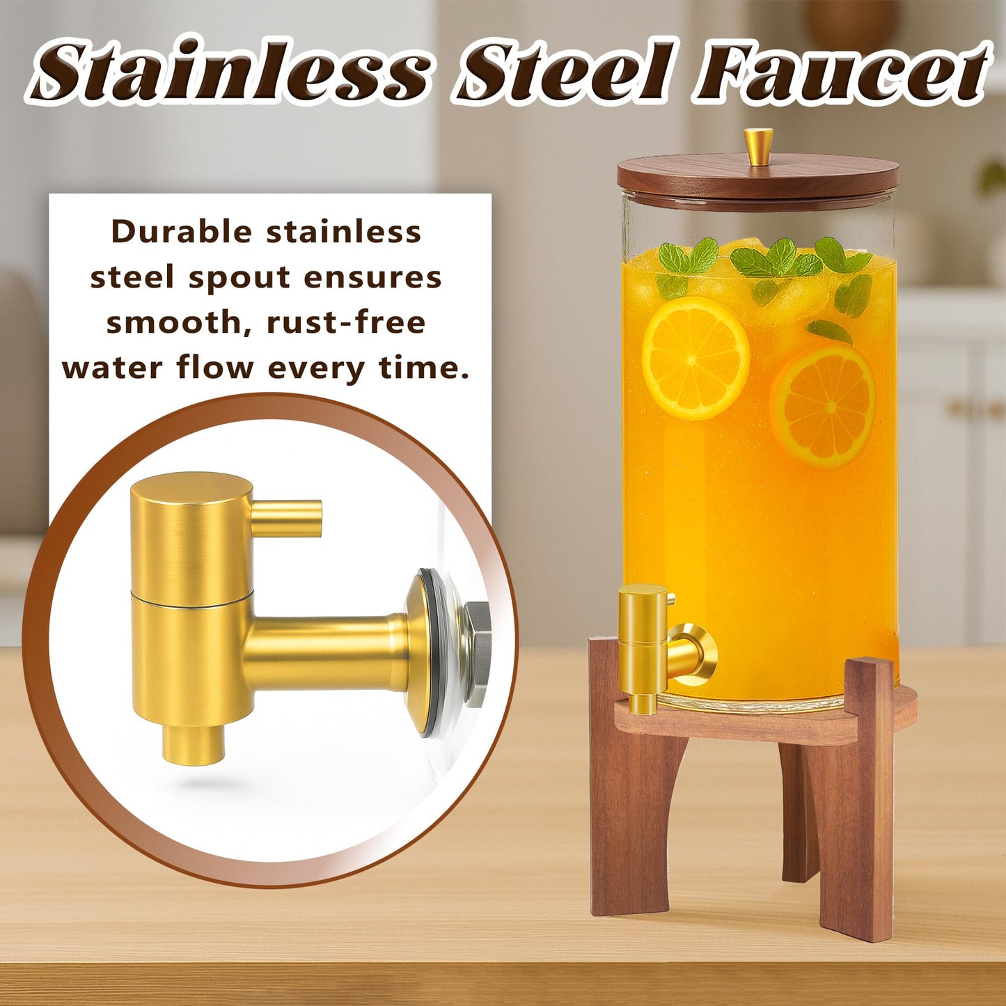 VERSSURE Glass Drink Dispenser,1.5 Gallon Beverage Dispenser with Stand,Lemonade Dispenser with Stainless Steel Faucet,Drink Dispensers for Parties, Bars and Home (Round Stand)