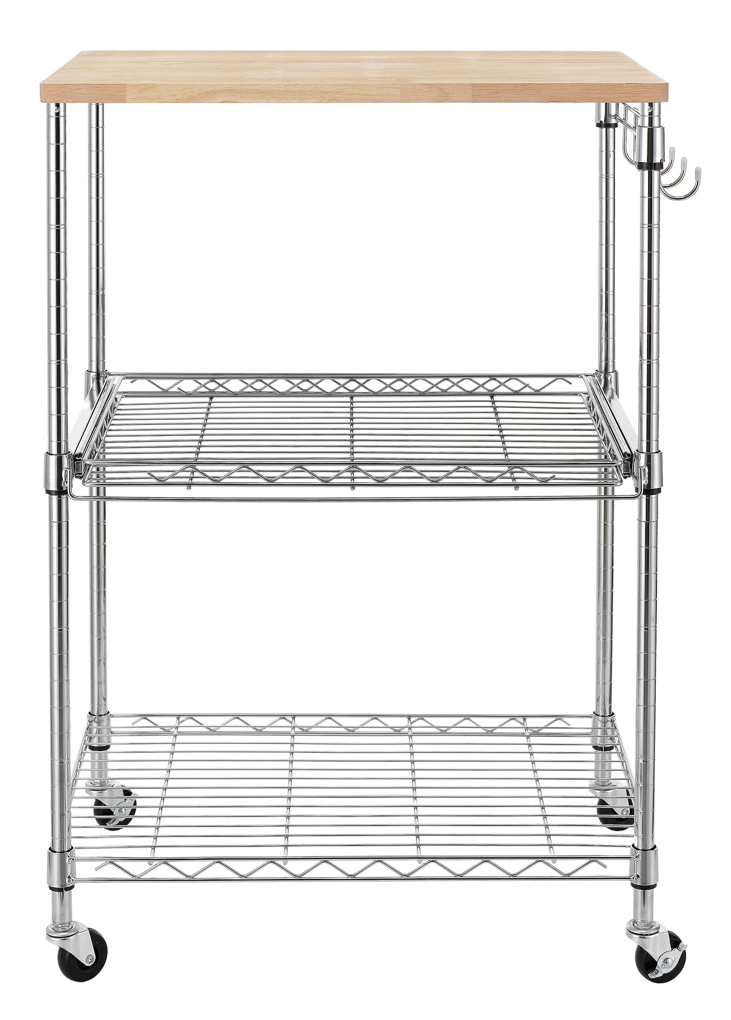Finnhomy 3-Tier Rolling Kitchen Cart, Microwave Cart with Oak Wood Tabletop and Drawer Slider, Coffee Cart & Food Service Cart with Hooks, Chrome