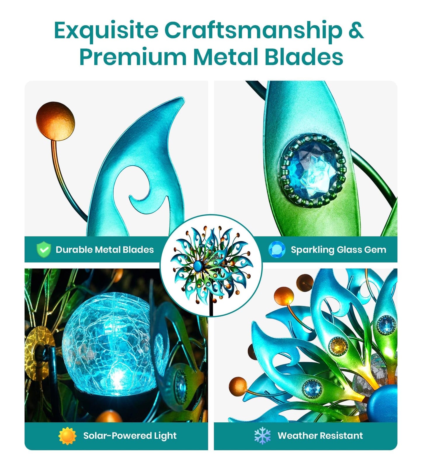 VUFOZ Solar Wind Spinners Outdoor, Metal Kinetic Garden Art, Peacock Decor