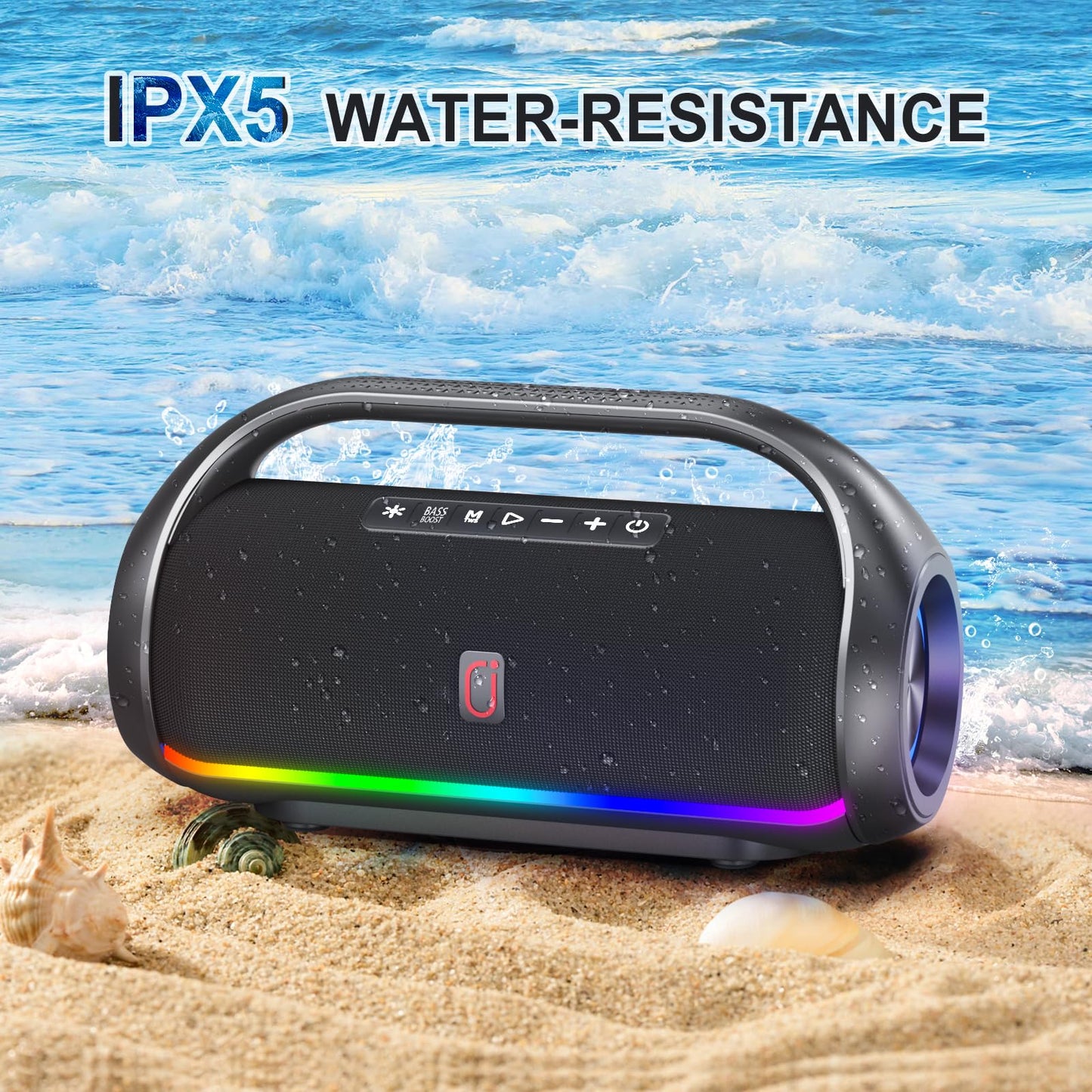 HWWR Bluetooth Speaker, IPX5 Waterproof Portable Bluetooth Speaker with Powerful Bass & LED Lights, Loud Stereo Wireless Speaker for Home Party, Beach, Outdoor Camping, Support USB/TF Card/AUX/TWS