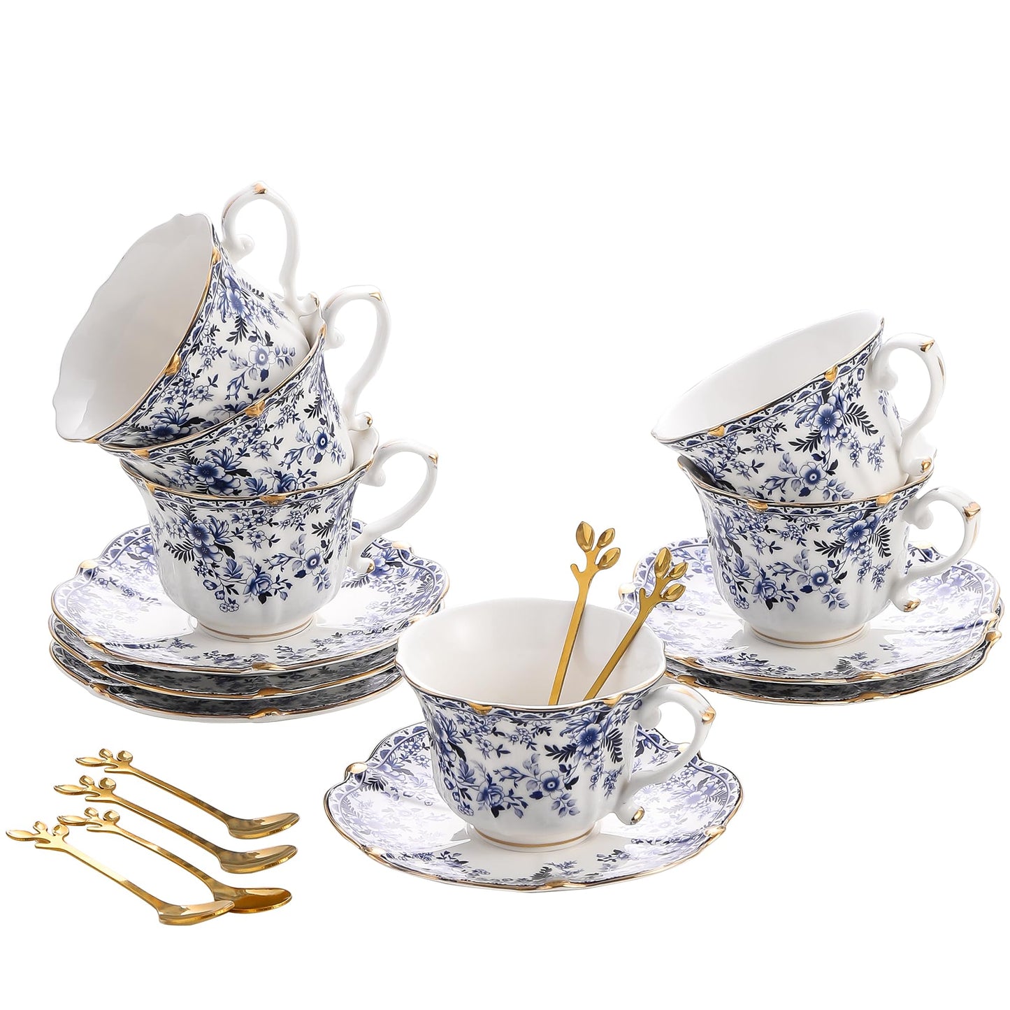 TATSUMI Country Roses 18 Peices Bone China Tea Cup And Saucer Set, English Vintage Tea Cups Of 6 For Women And Tea Party Sets（QH,6 SETS）