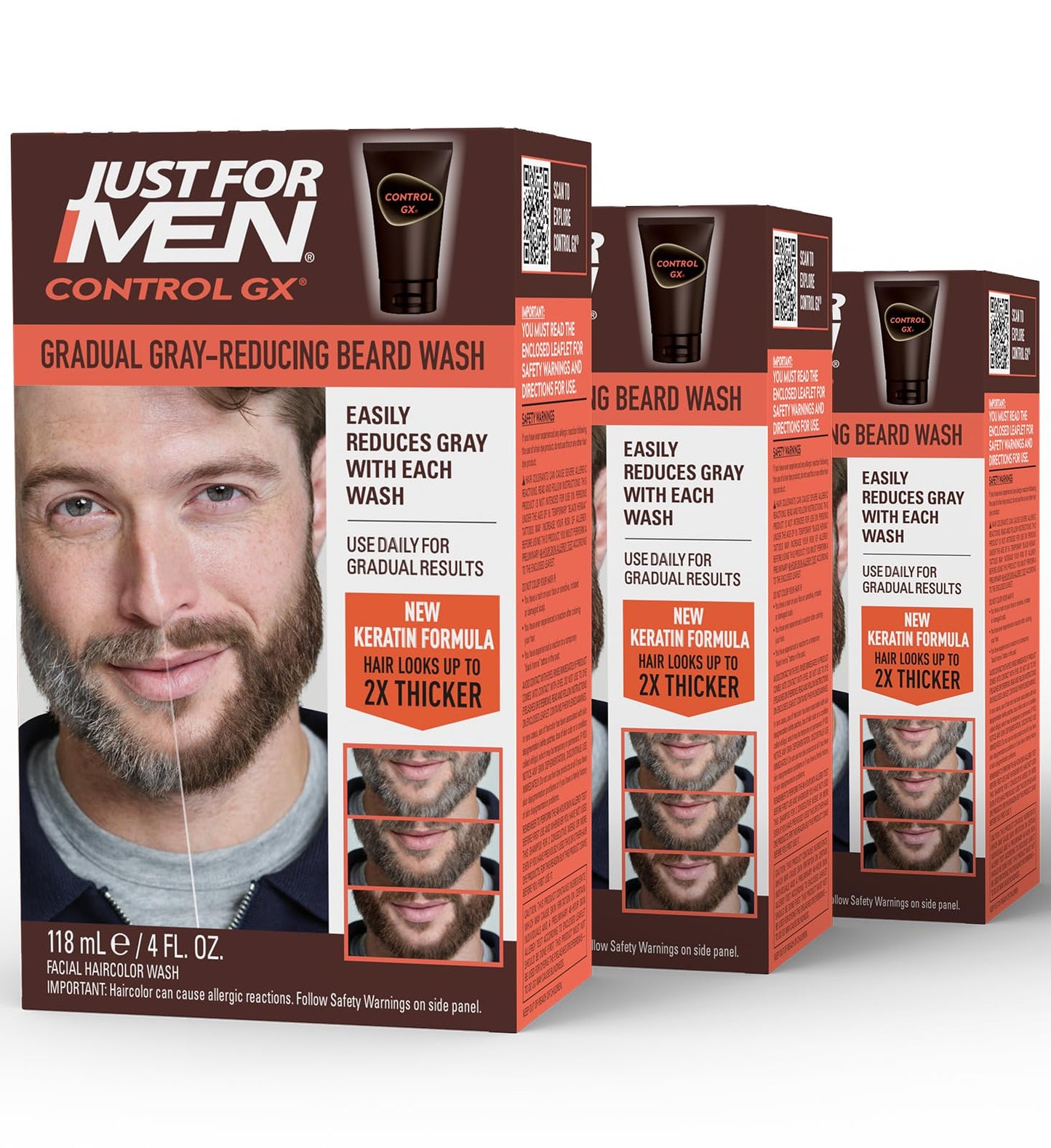 Just For Men Control GX Grey Reducing Beard Wash Shampoo with Keratin, Gradually Colors Mustache and Beard, Leaves Facial Hair Thicker Softer and Fuller, 4 Fl Oz - Pack of 3 (Packaging May Vary)