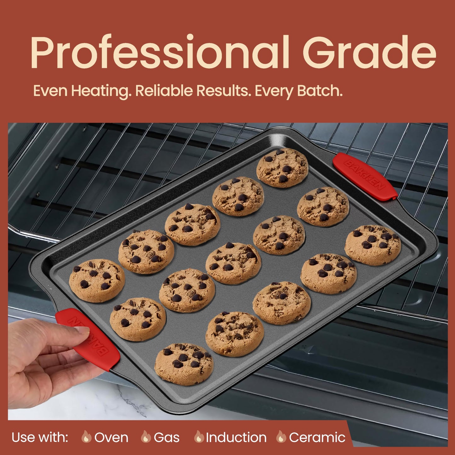 BAKKEN Kitchen Baking Pan Set - Nonstick Coating, Carbon Steel Bakeware Sets with Gray Silicone Handles, Baking Kitchen Essentials, PFOA, PFOS, PTFE Free, Oven Safe Tray (Up To 450° F), Set of 10