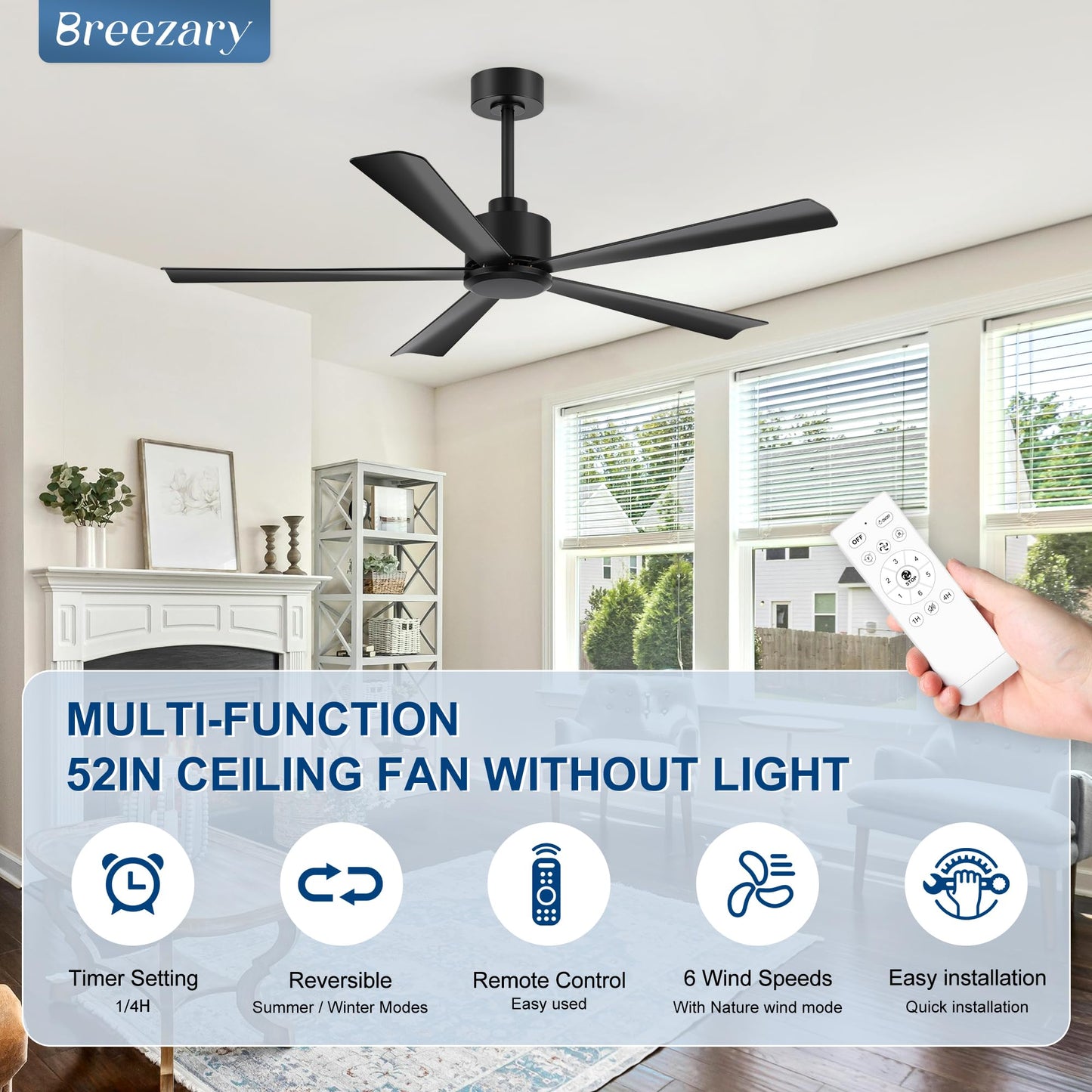 52 inch 5 Blade Ceiling Fans without Light Remote Control, Quiet Reversible DC Motor, 5 Black Blades, 6-Speed, Industrial Ceiling Fan for Home Kitchen (Black)