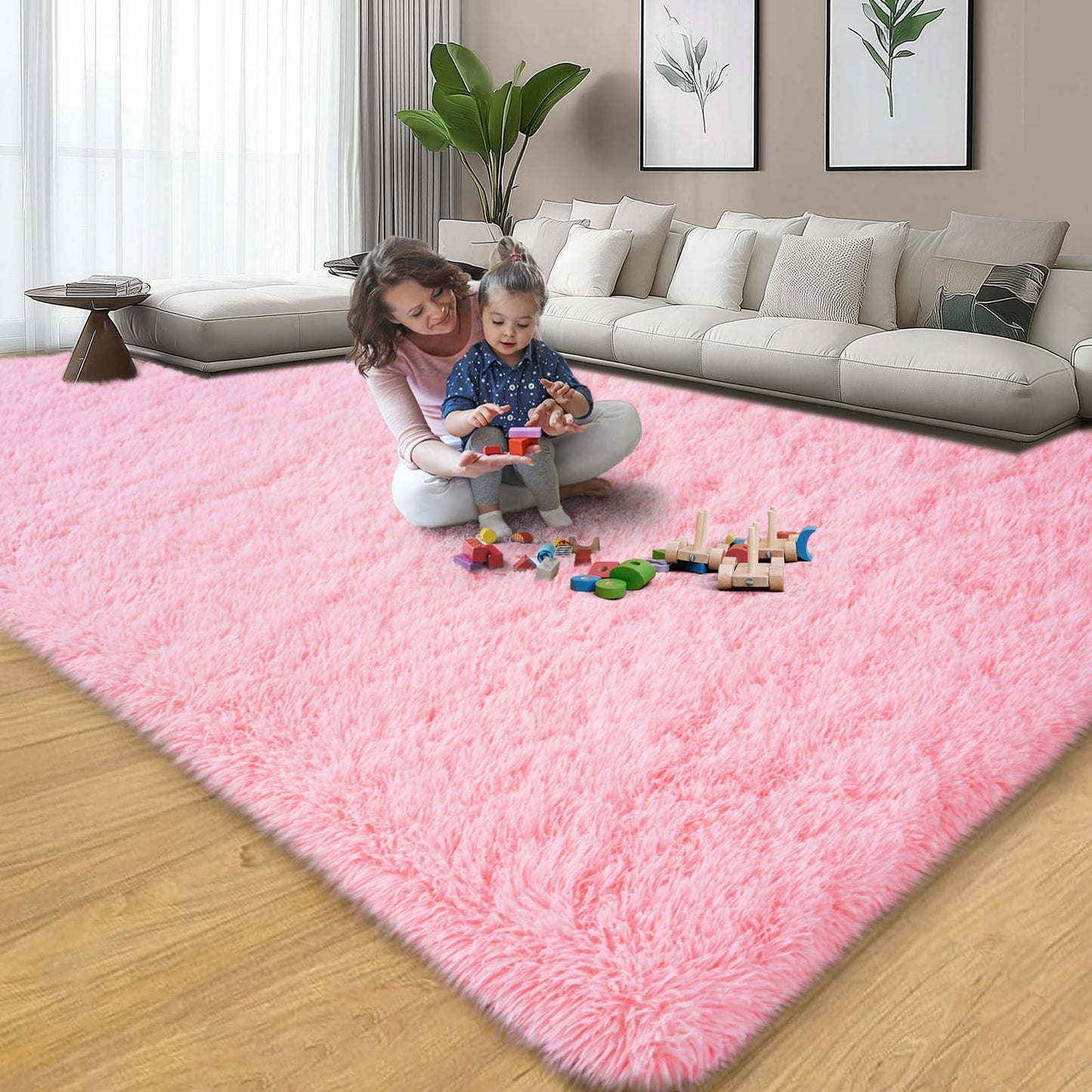 qulint 8x10 Area Rugs for Living Room, Large Fluffy Pink Rug for Bedroom, Soft Shag Shaggy Fuzzy Carpets for Boys and Girls, Modern Alfombras for Kid Room Dorm Room Home Decor (8ft x 10ft, Pink)