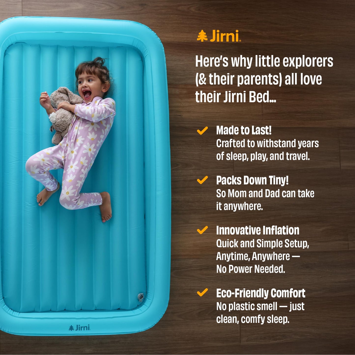 Jirni Kipper Toddler Travel Bed | New Pump System | Ultra-Lightweight & Super Durable Toddler Air Mattress | Compact Kids Air Mattress | Eco-Friendly Inflatable Kids Bed | Travel Cot Airbed