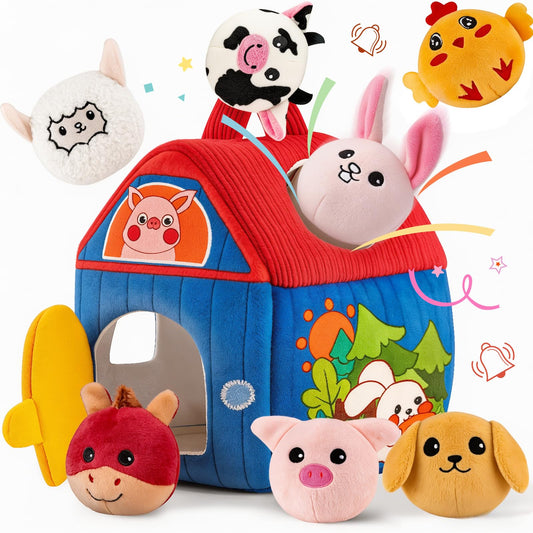 Baby Toys 6-12 Months, Barn with Stuffed Farm Animals, Babies Montessori Toy, Sensory Toys for Toddlers 1-3, Portable Travel & Learning Gift for Infants & Toddlers