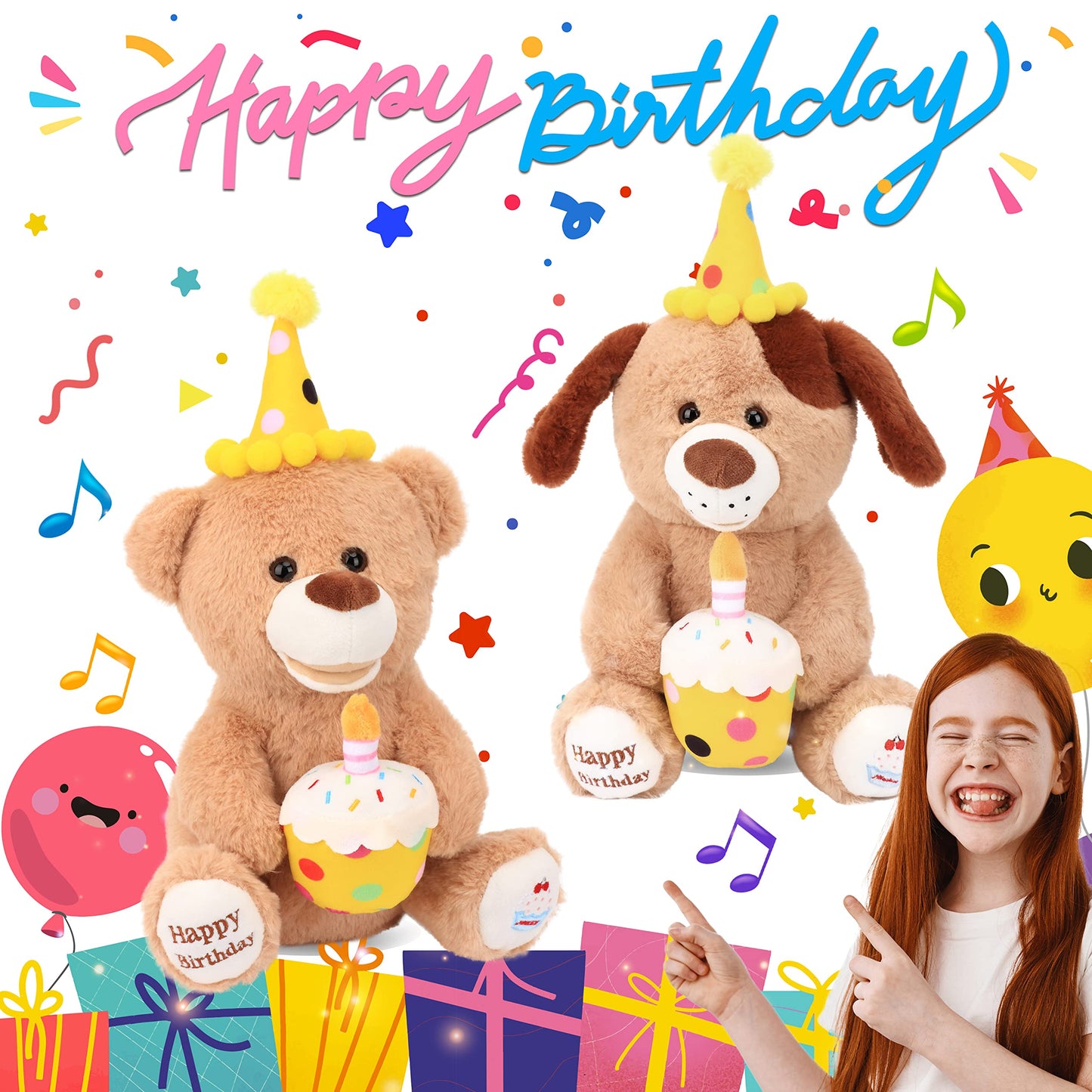 Hopearl Adorable Happy Birthday Dog with Glowing Cupcake Musical Stuffed Animal Puppy Singing and Shaking Plush Toy Interactive Animated Kids Gift, Brown, 15''